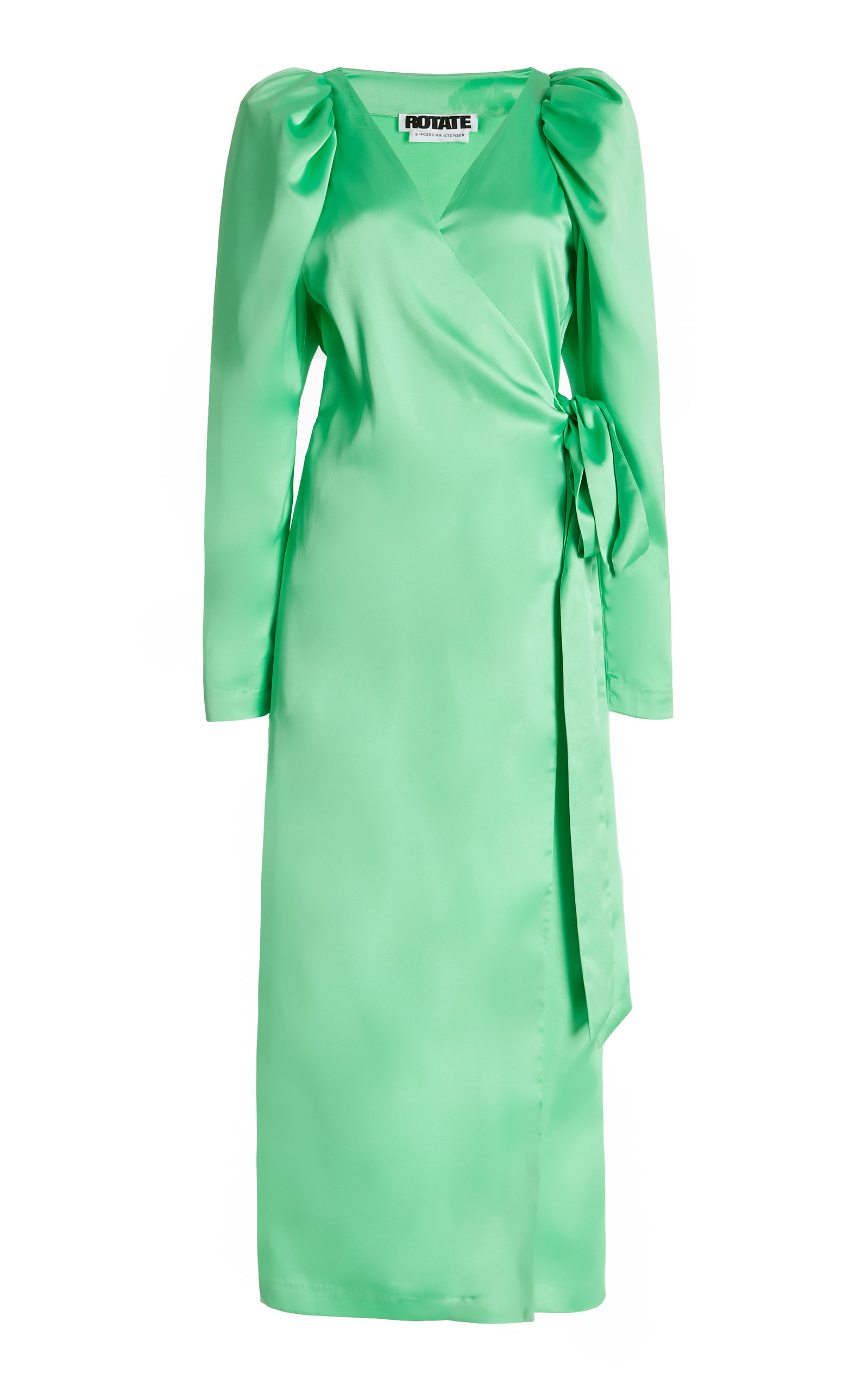 Rotate Birger Christensen Bridget Green Satin Long Dress With Belt Rotate Woman In Green
