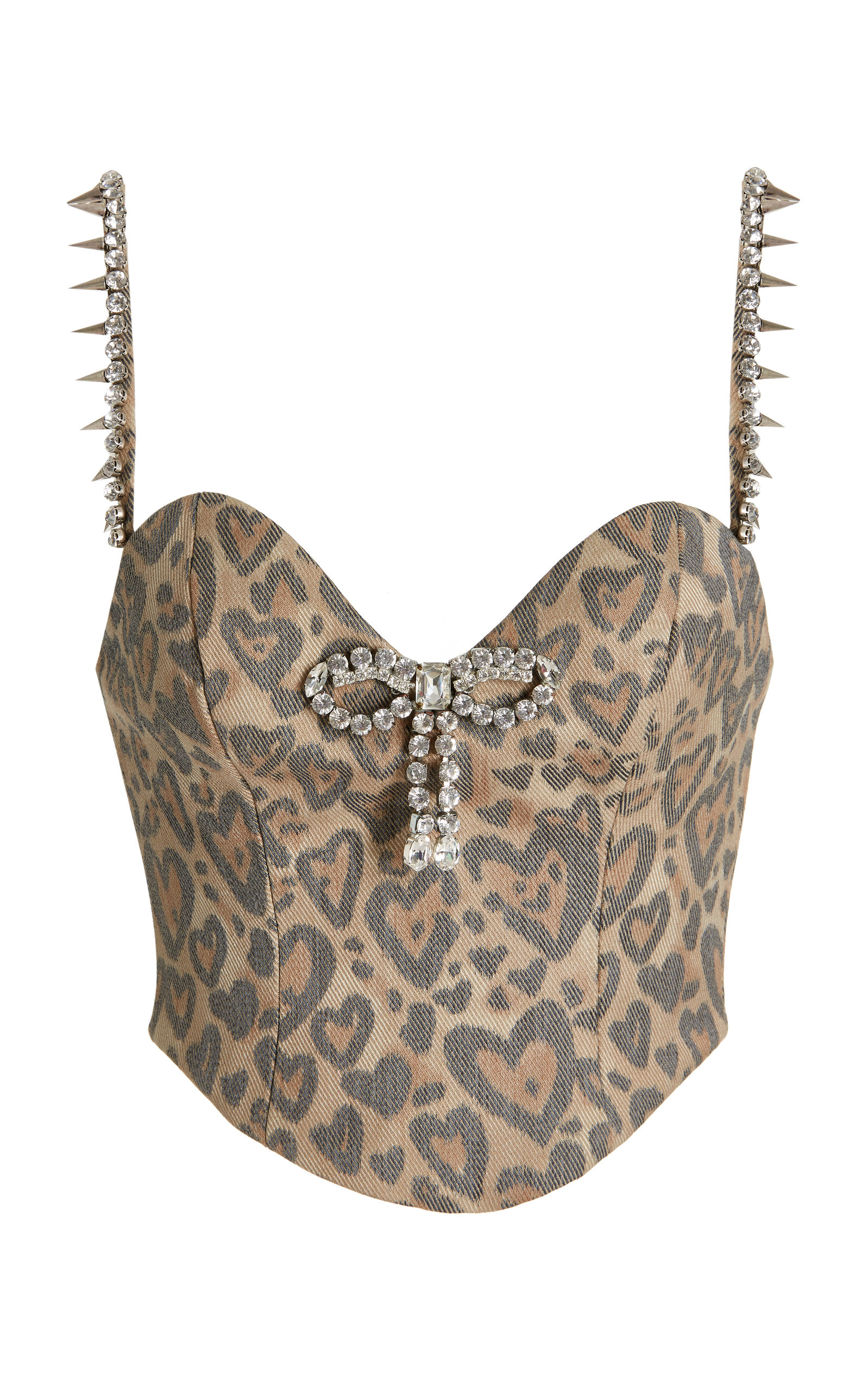 Area Cropped Embellished Leopard-print Denim Bustier Top In Print