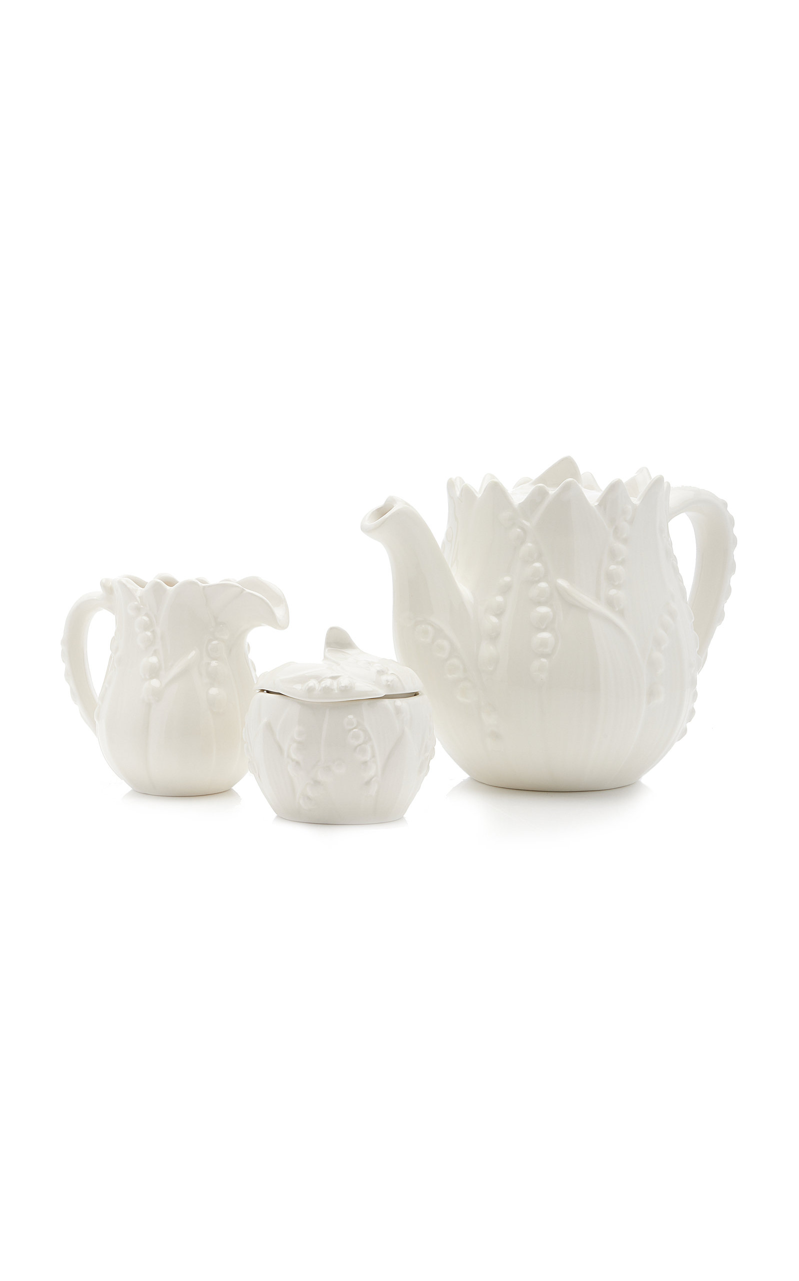 Moda Domus Lily Of The Valley Ceramic Teapot; Cream; and Sugar Set - White