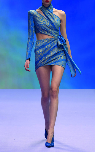 Asymmetric Glittered Lace Mini Dress展示图
