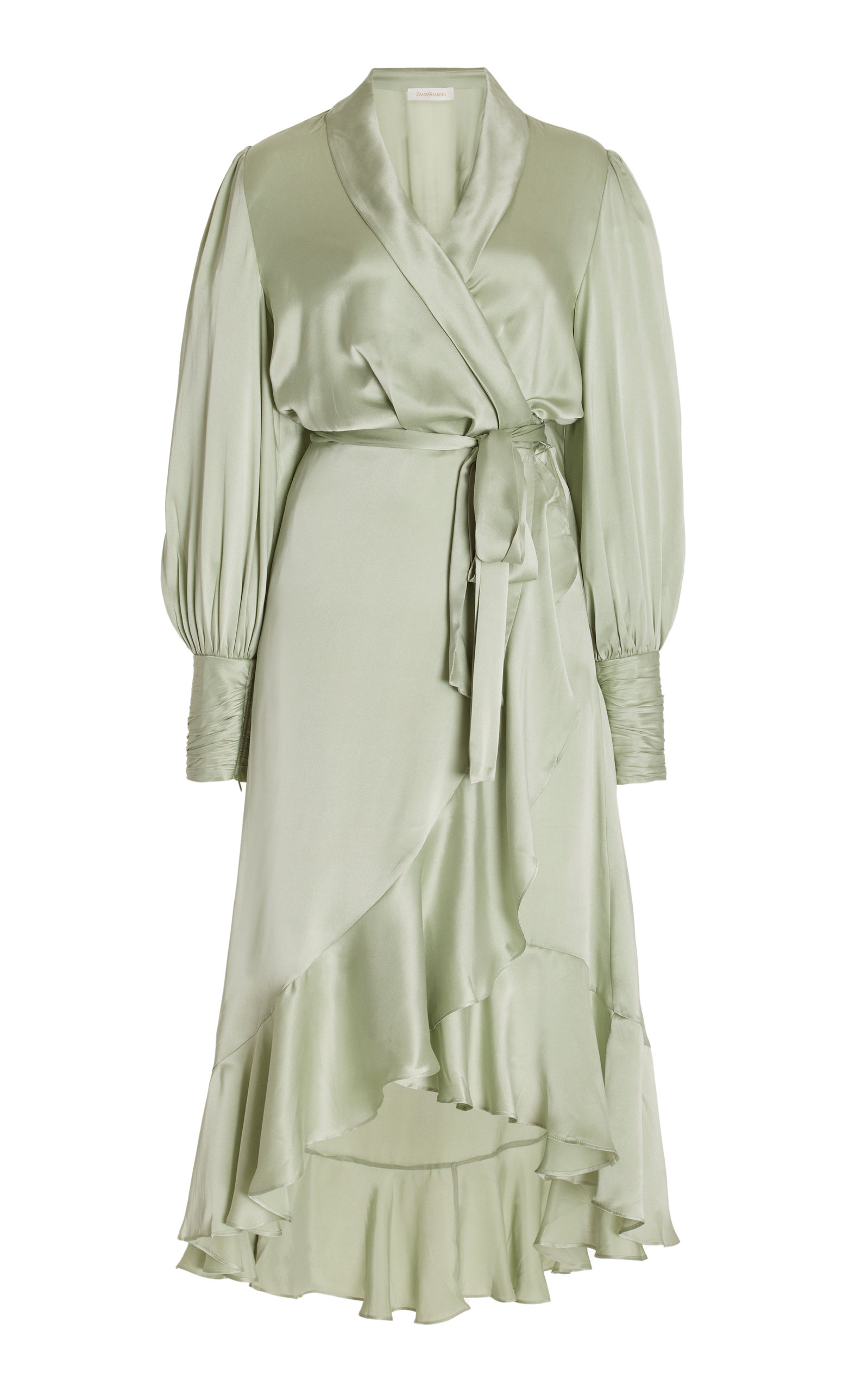 Zimmermann Asymmetric Ruffled Silk-satin Midi Wrap Dress In Green