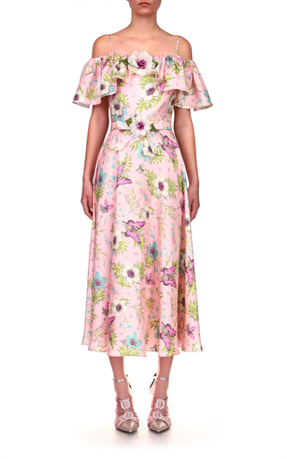 Pink Floral Printed Silk Twill Off The Shoulder Ruffle Dress (Sold With Belt)展示图