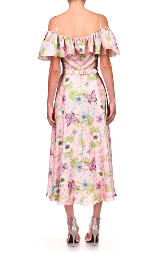 Pink Floral Printed Silk Twill Off The Shoulder Ruffle Dress (Sold With Belt)展示图