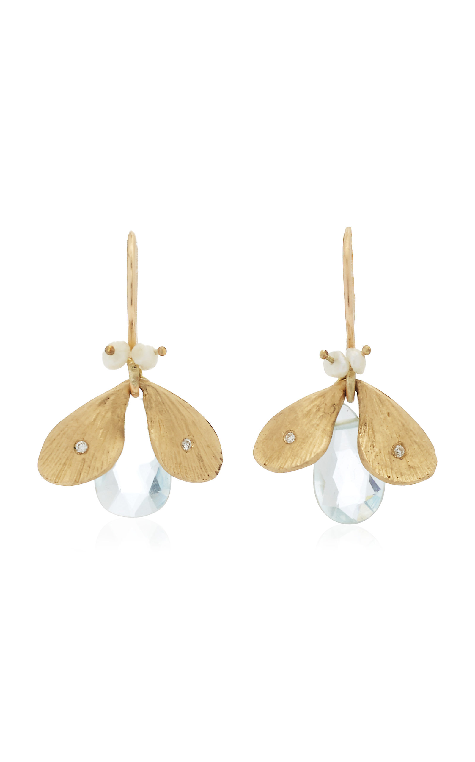Jeweled Bug 14K Yellow Gold Aquamarine; Pearl; Diamond Earrings