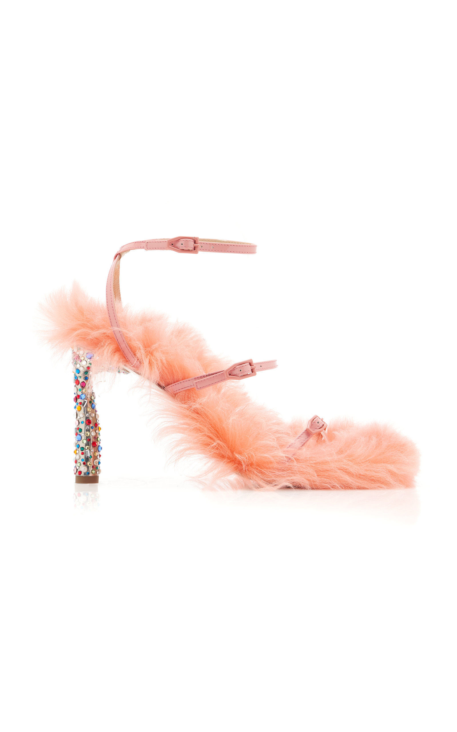 Slinky Fluffy Crystal-Embellished Shearling Sandals