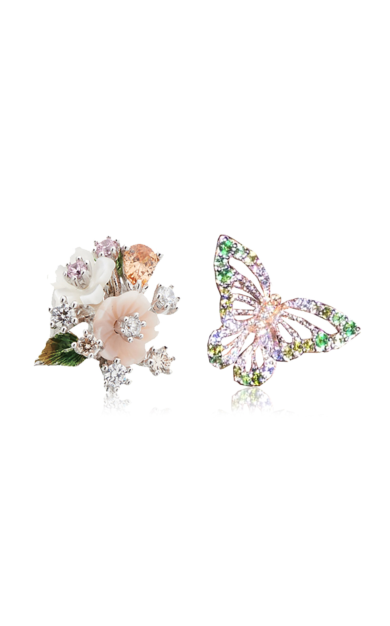 Anabela Chan Butterfly Bouquet 18k White Gold Multi-stone Earrings In Green