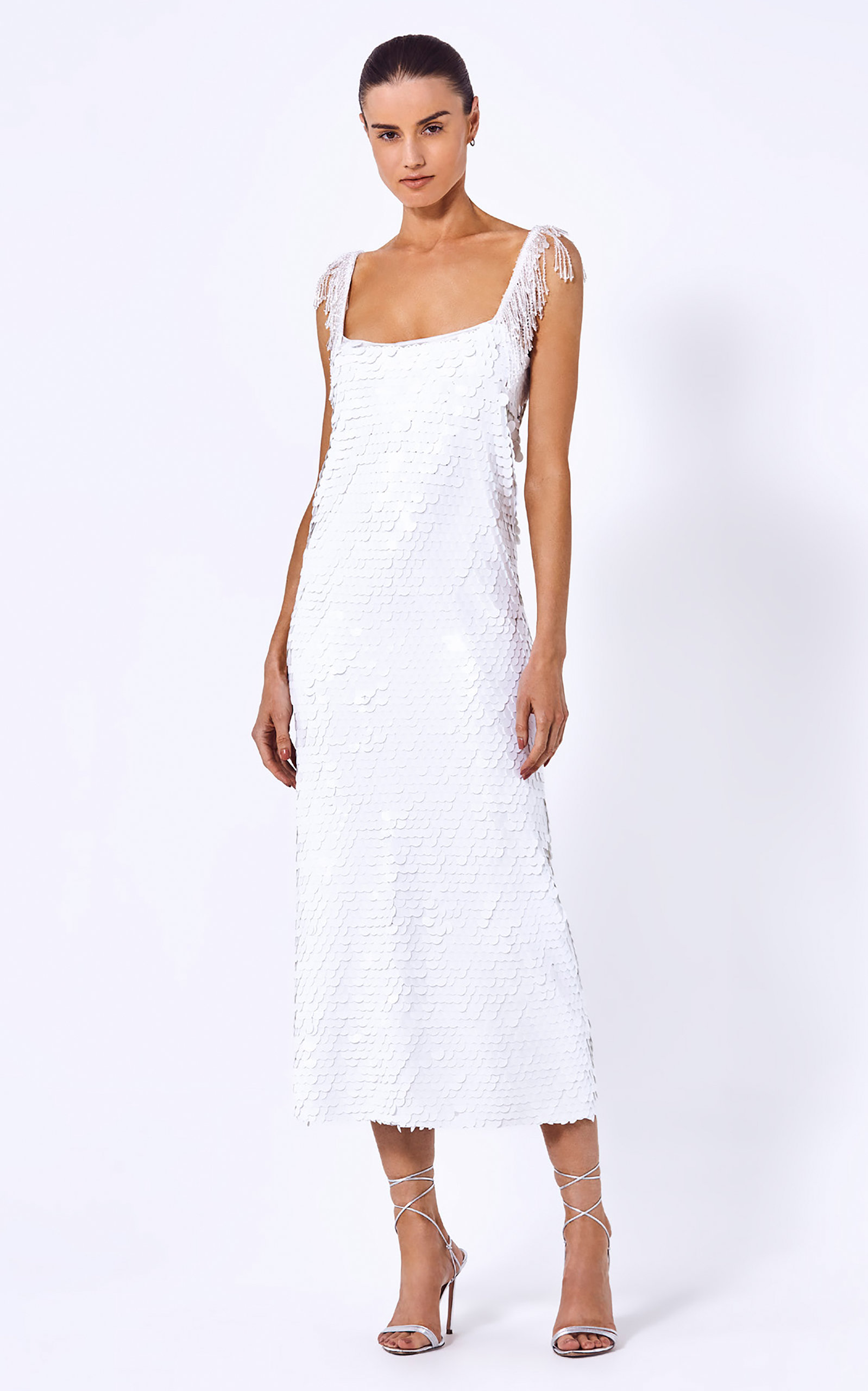 Alexis Felici Sleeveless Sequin Midi Sheath Dress In White