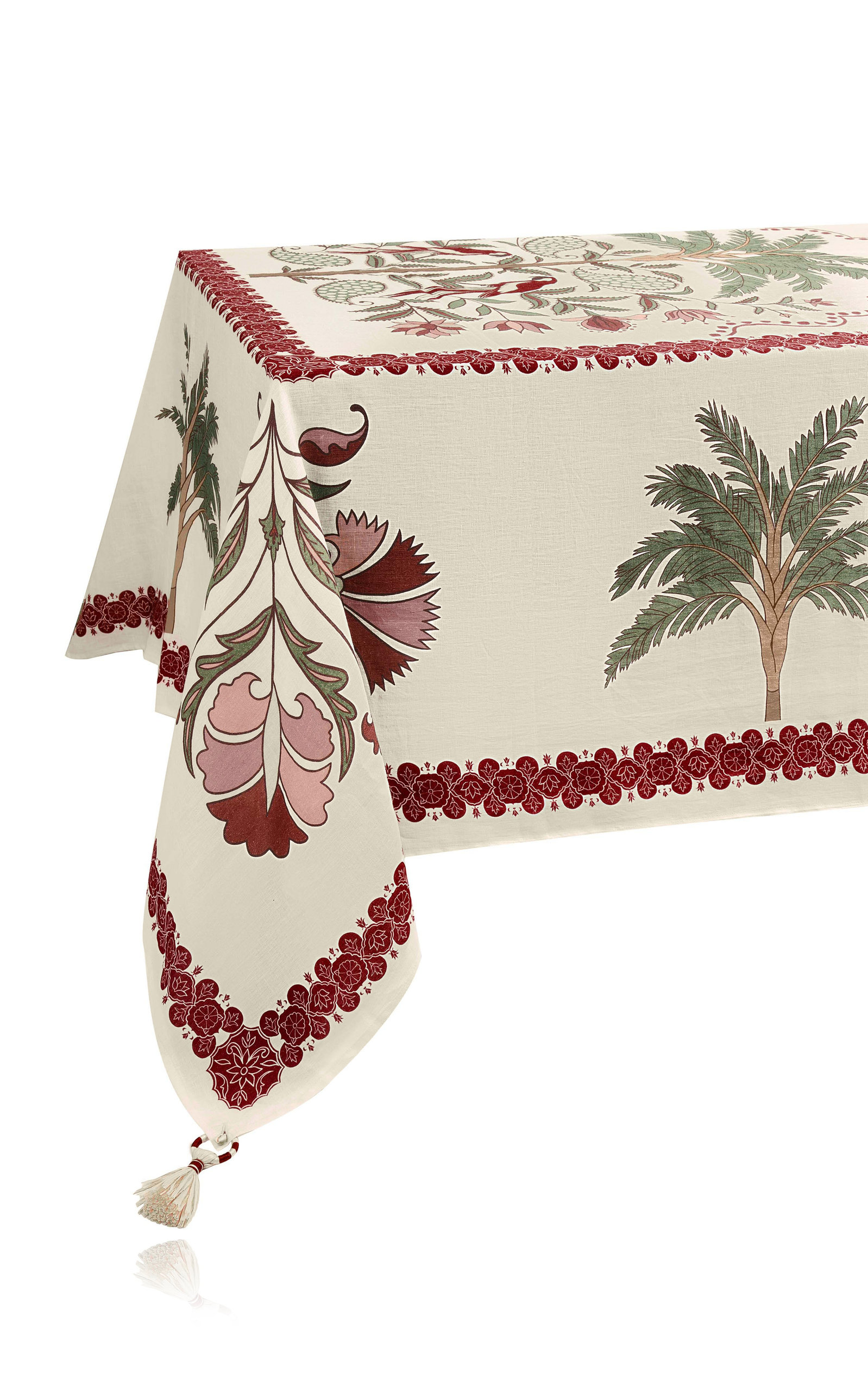 Johanna Ortiz - Suzani Amazonico Tasseled Linen-Blend Rectangular Tablecloth - Color: Multi - Material: Linen With Viscose/Cotton Tassels - Moda Opera