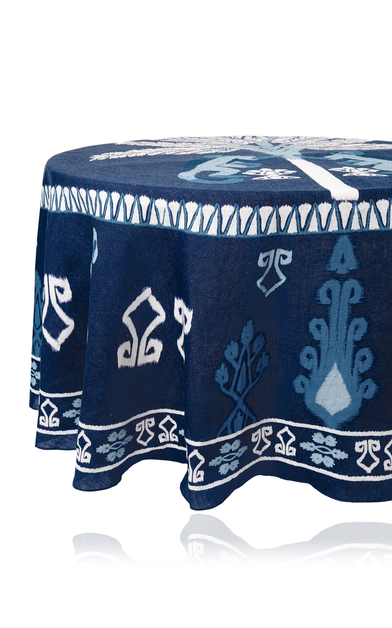 Johanna Ortiz Round Navy Blue Ikat Amazonico Tablecloth In Multi