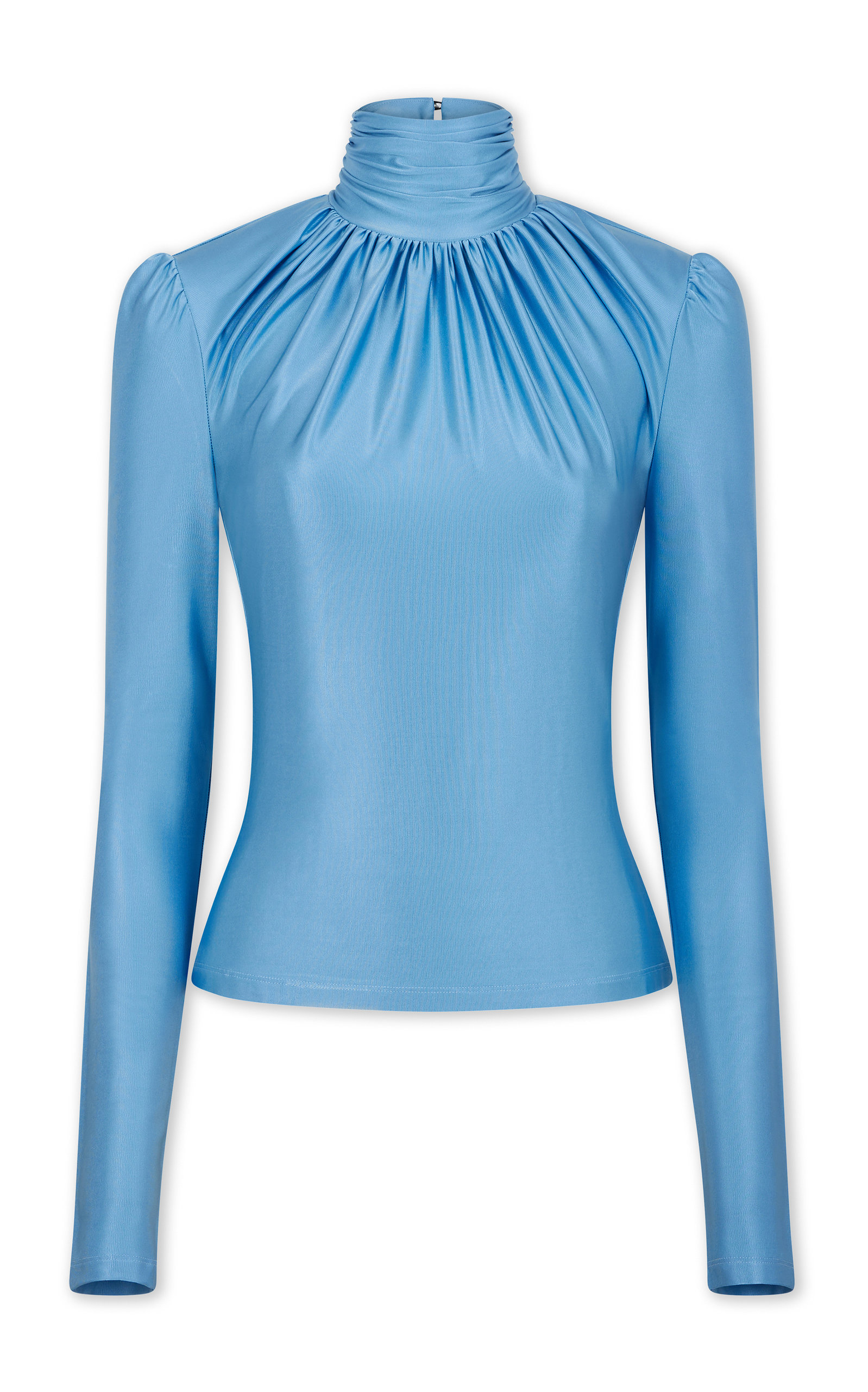 Rabanne High-neck Gathered Stretch-woven Top In Blue