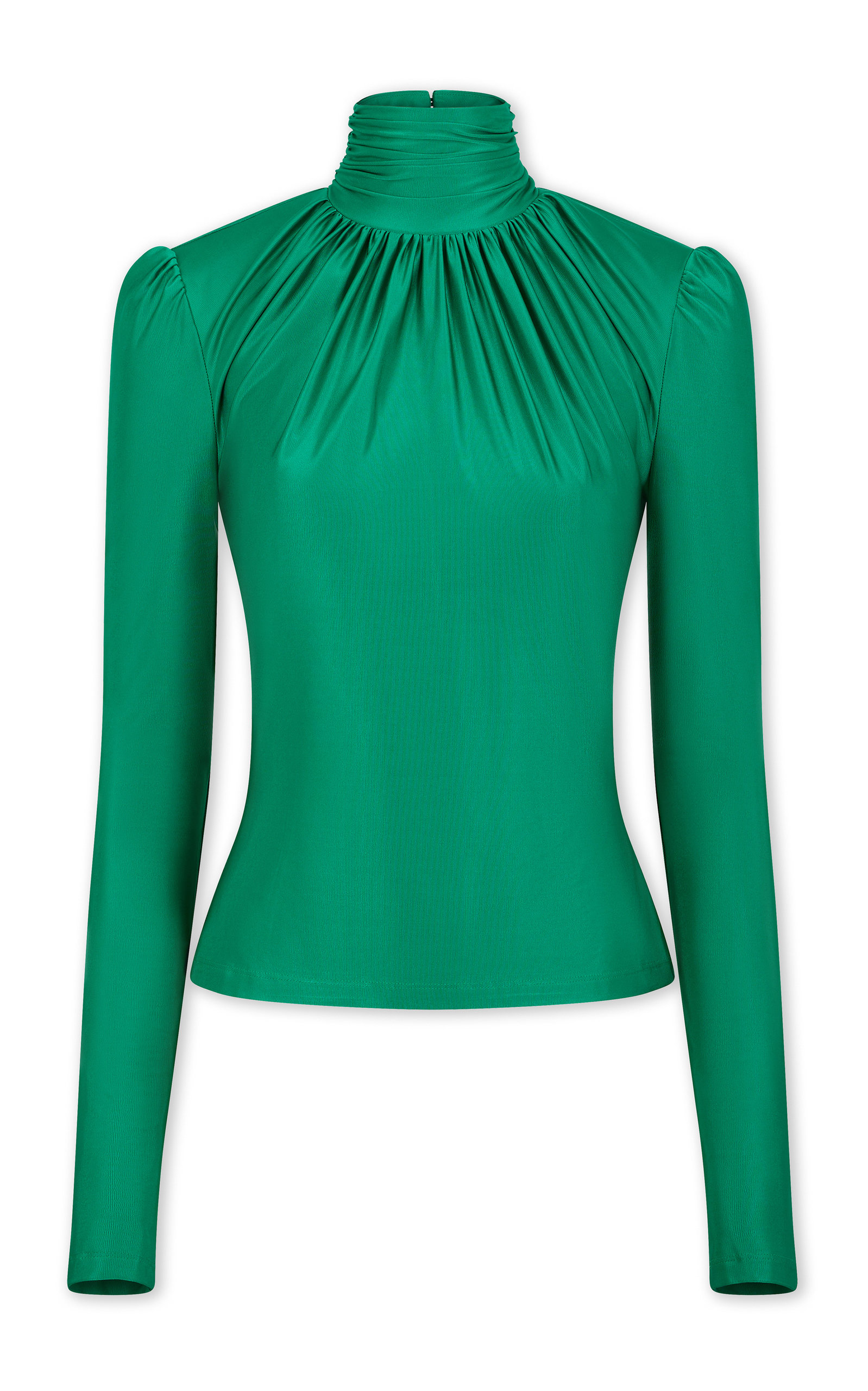Rabanne Ruched Stretch-satin Turtleneck Top In Green
