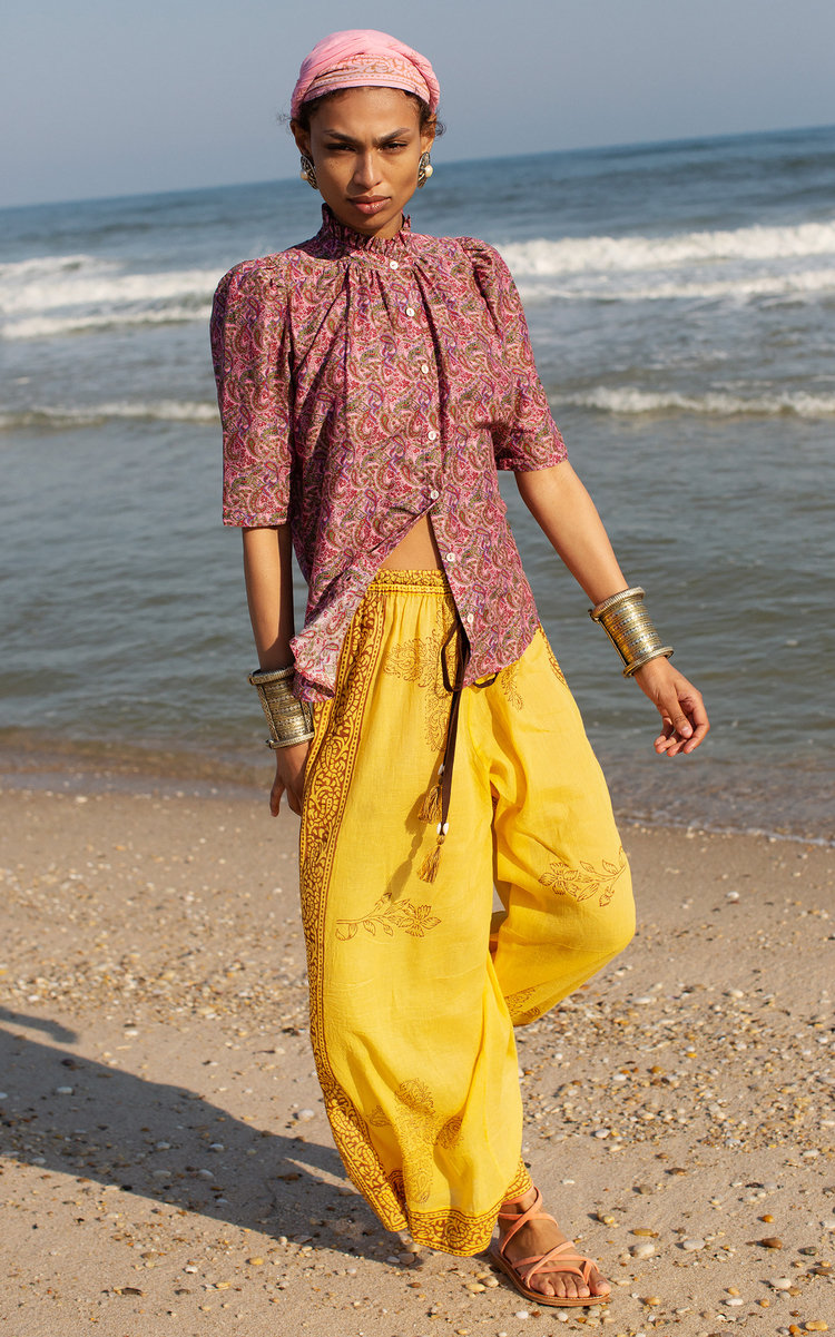 Alix of Bohemia Natalie Banana Flower Cotton Wide-Leg Pants - Yellow