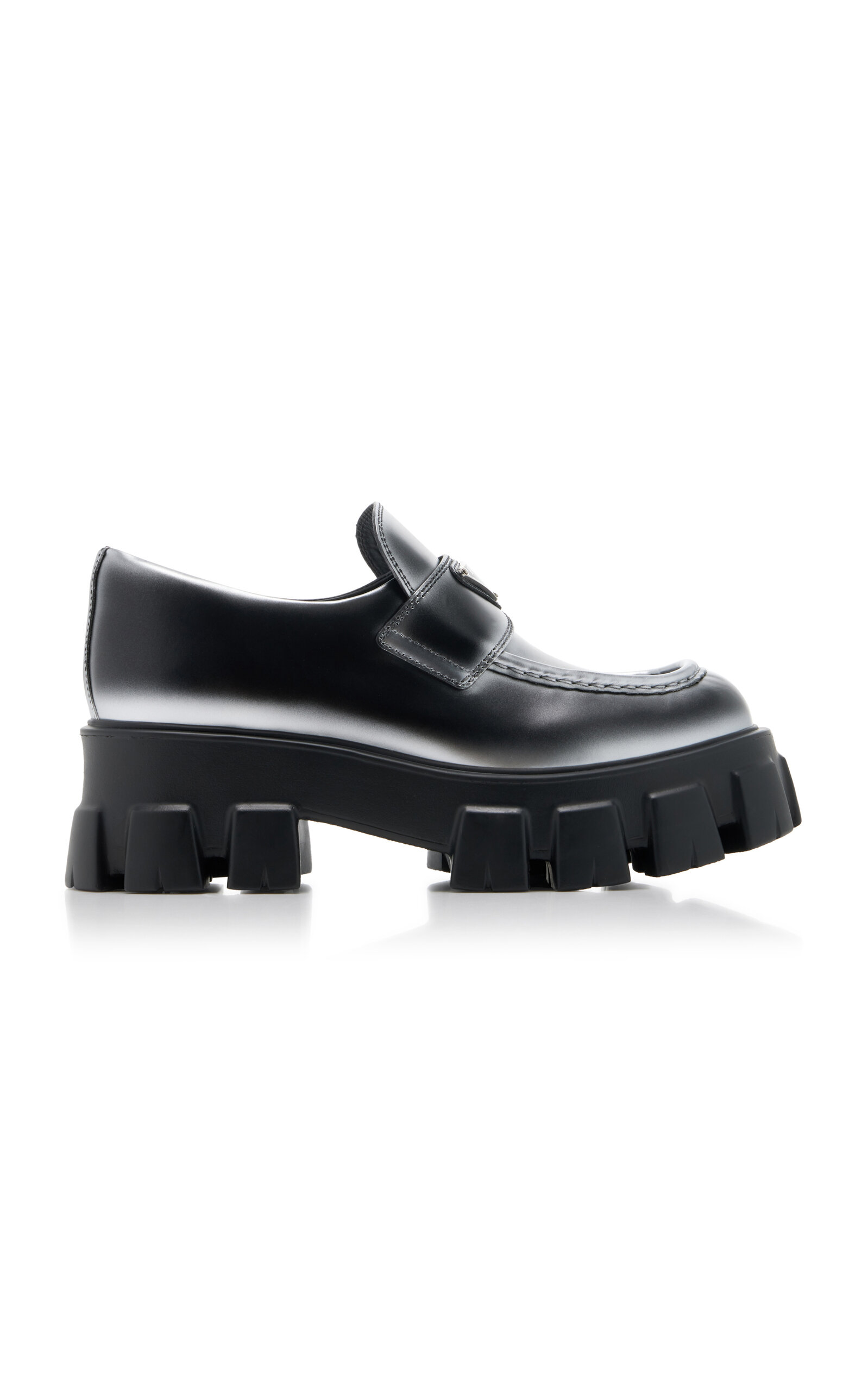 Shop Prada Monolith Leather Loafers In Silver
