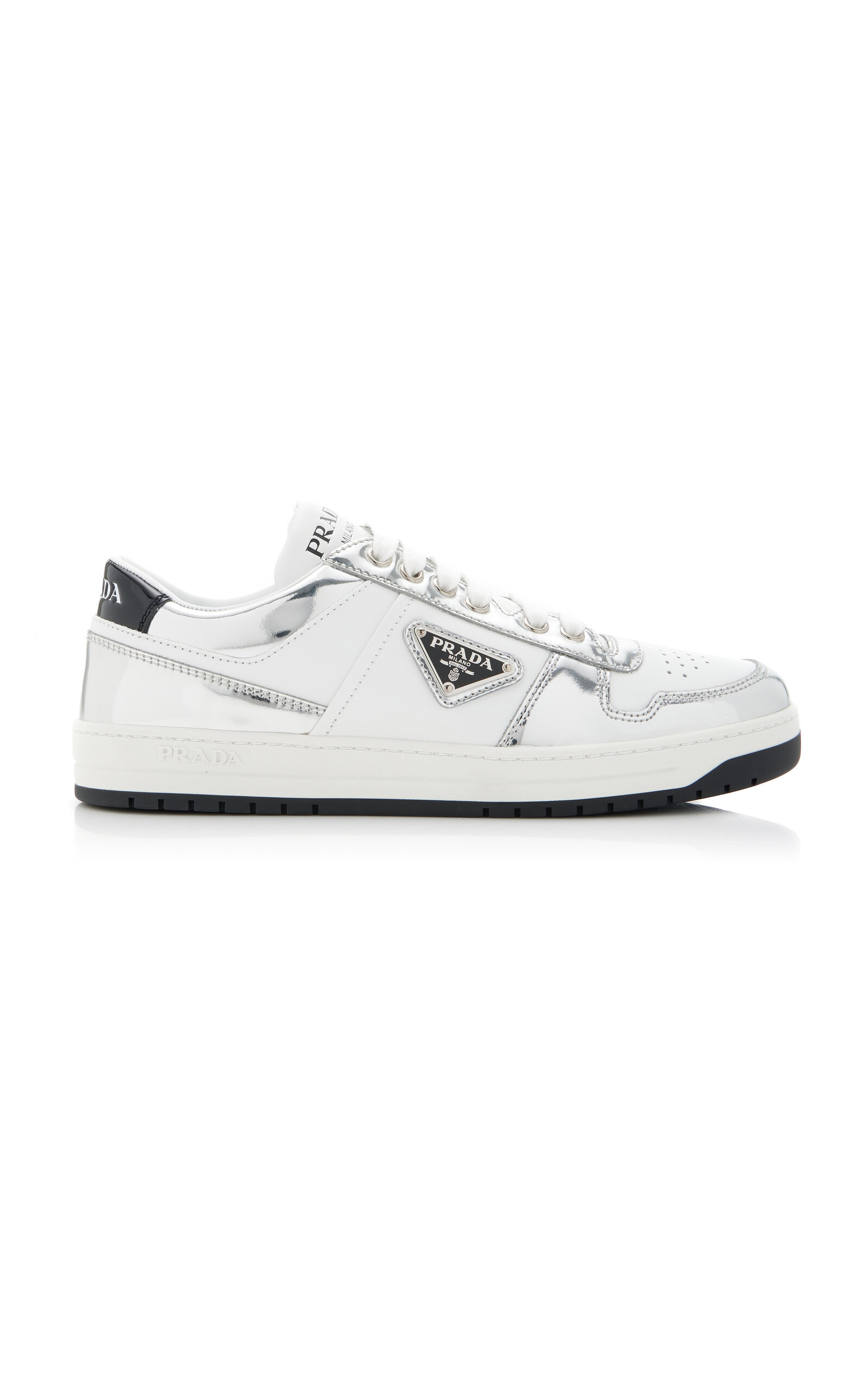 Prada Cassetta Leather Sneakers In Silver