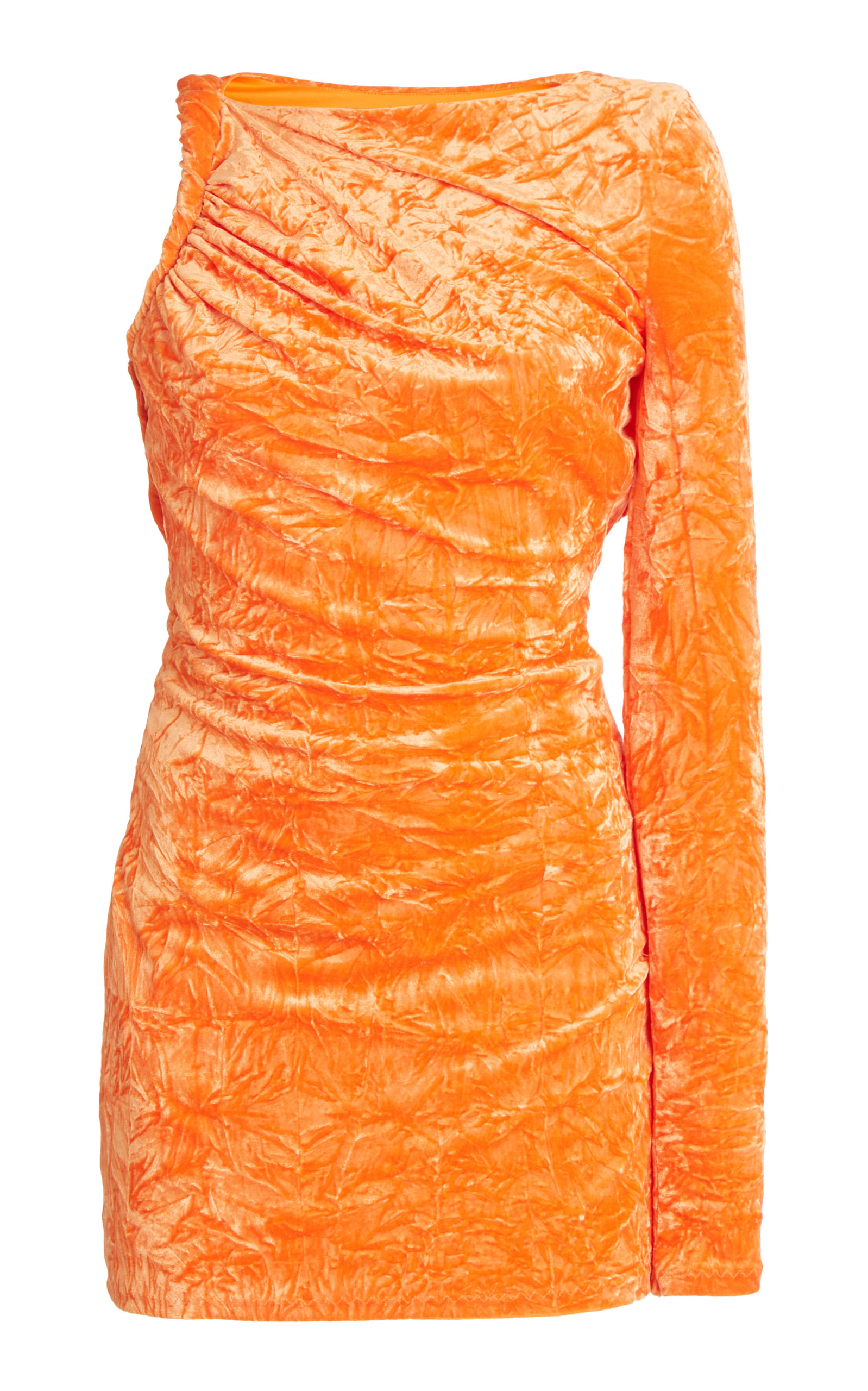 Shop Versace One-shoulder Crushed Stretch-velvet Mini Dress In Orange