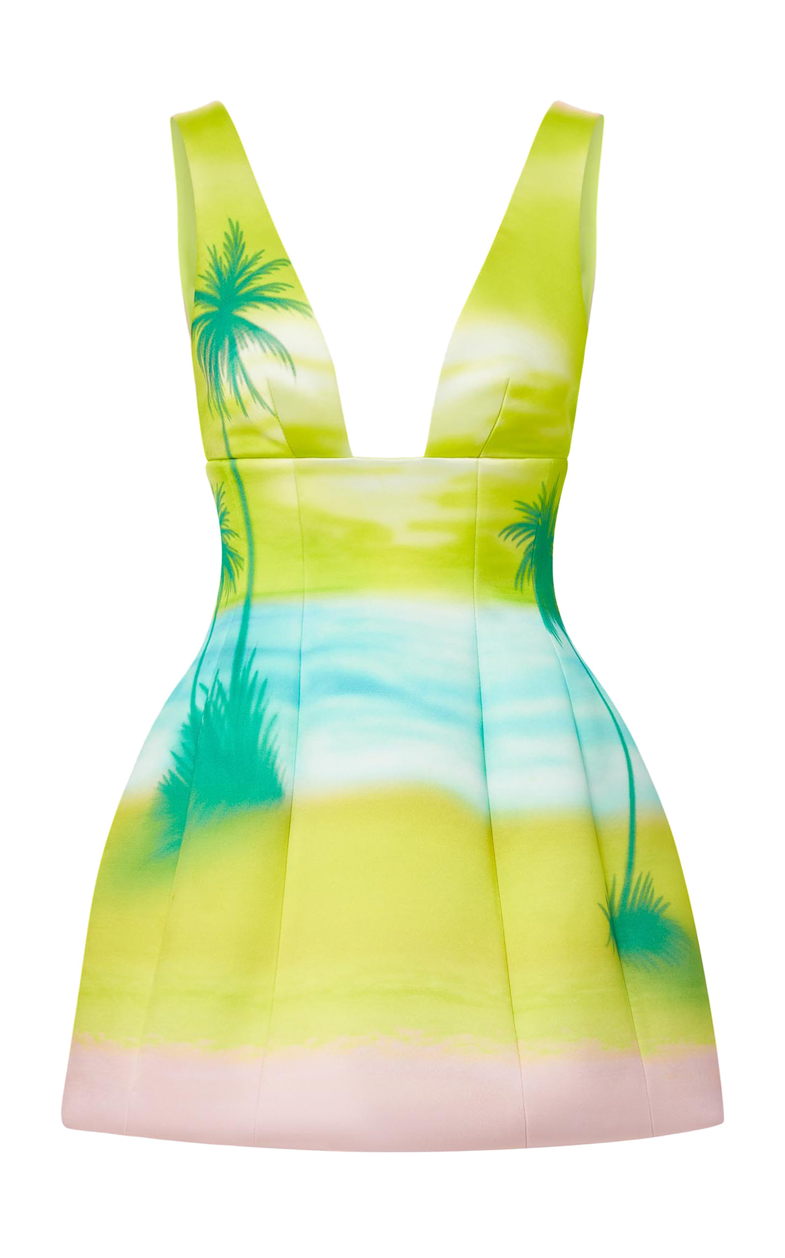 Brandon Maxwell Palm Print Plunge Neck Silk Bubble Dress in Sunset Lilac  Primrose | Smart Closet