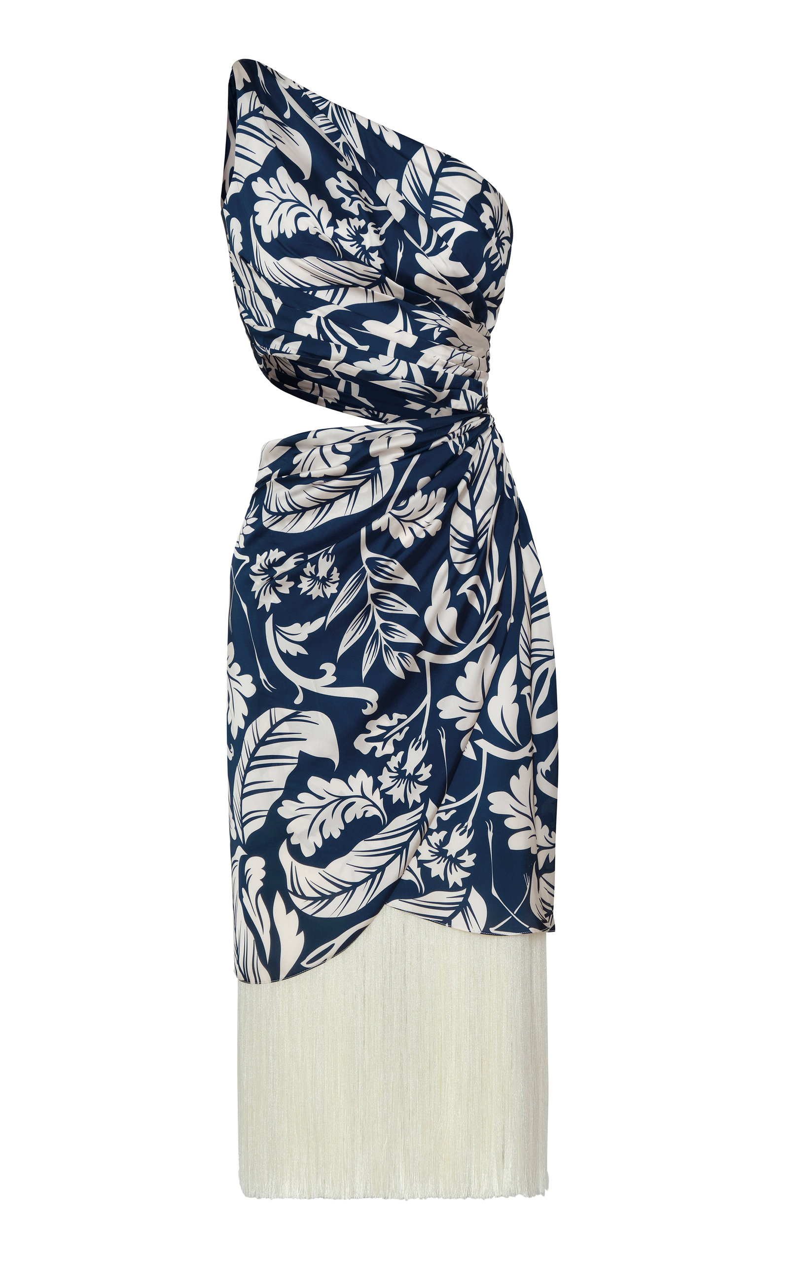 Andres Otalora Women's Qalb Fringe-trimmed Satin Midi Dress In Navy Maxi Birds Print