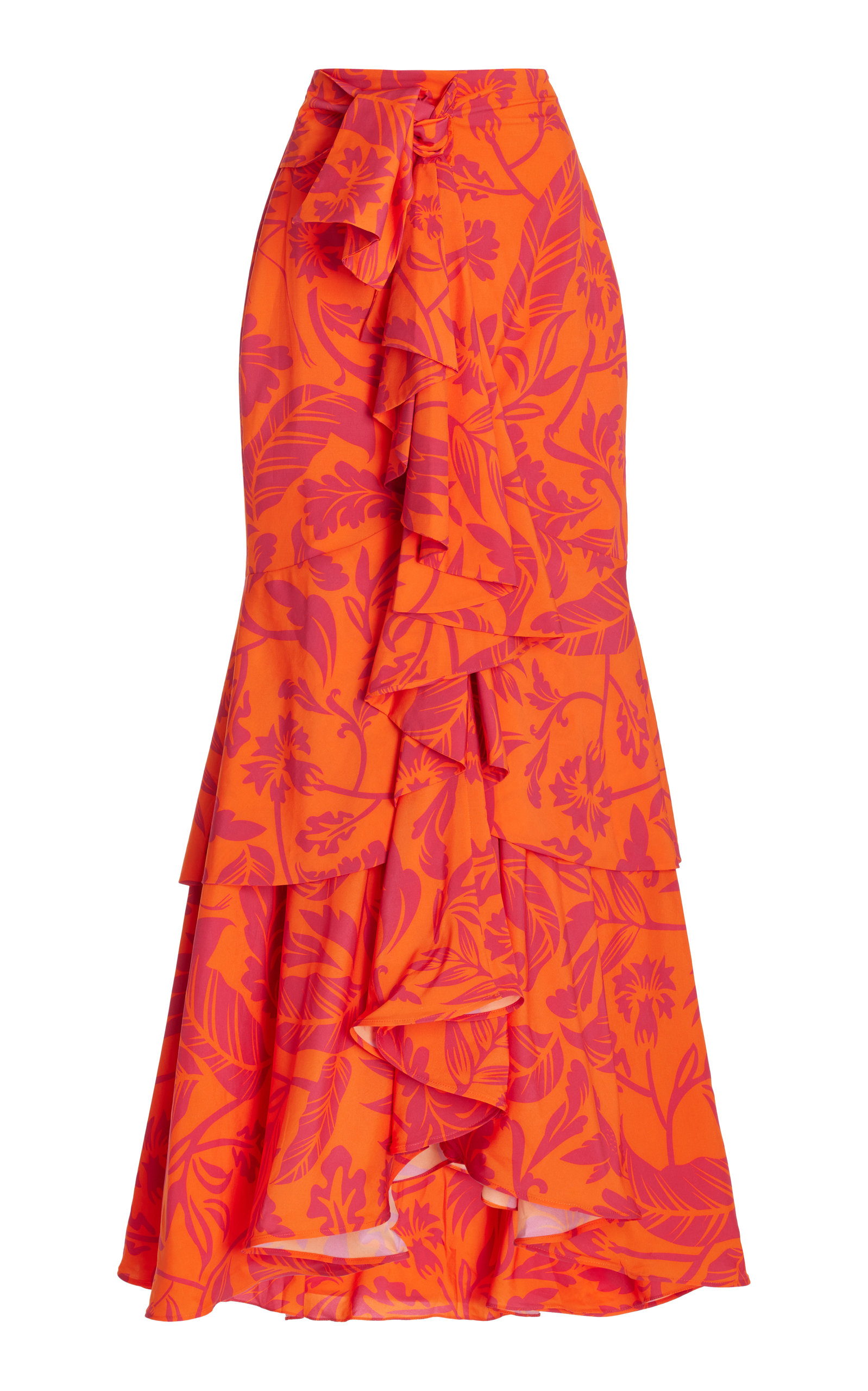 Andres Otalora Zayda Ruffled Crepe Maxi Skirt In Orange Birds Print