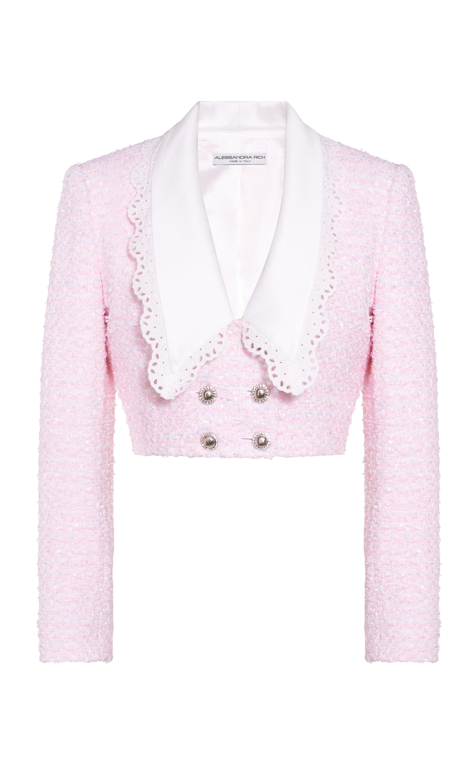 Alessandra Rich Tweed Lurex Crop Blazer W/ Collar In Pink