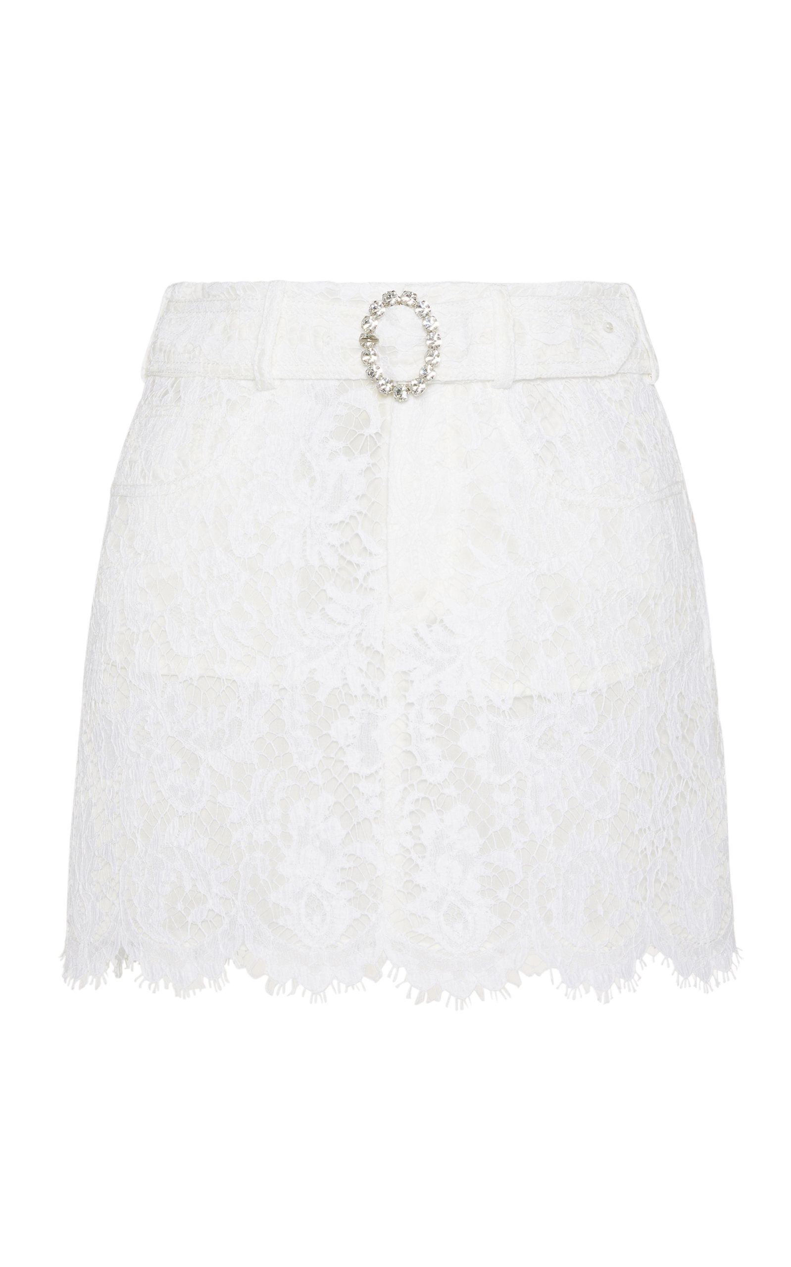 Alessandra Rich Crystal Buckle-detailed Lace Mini Skirt In White