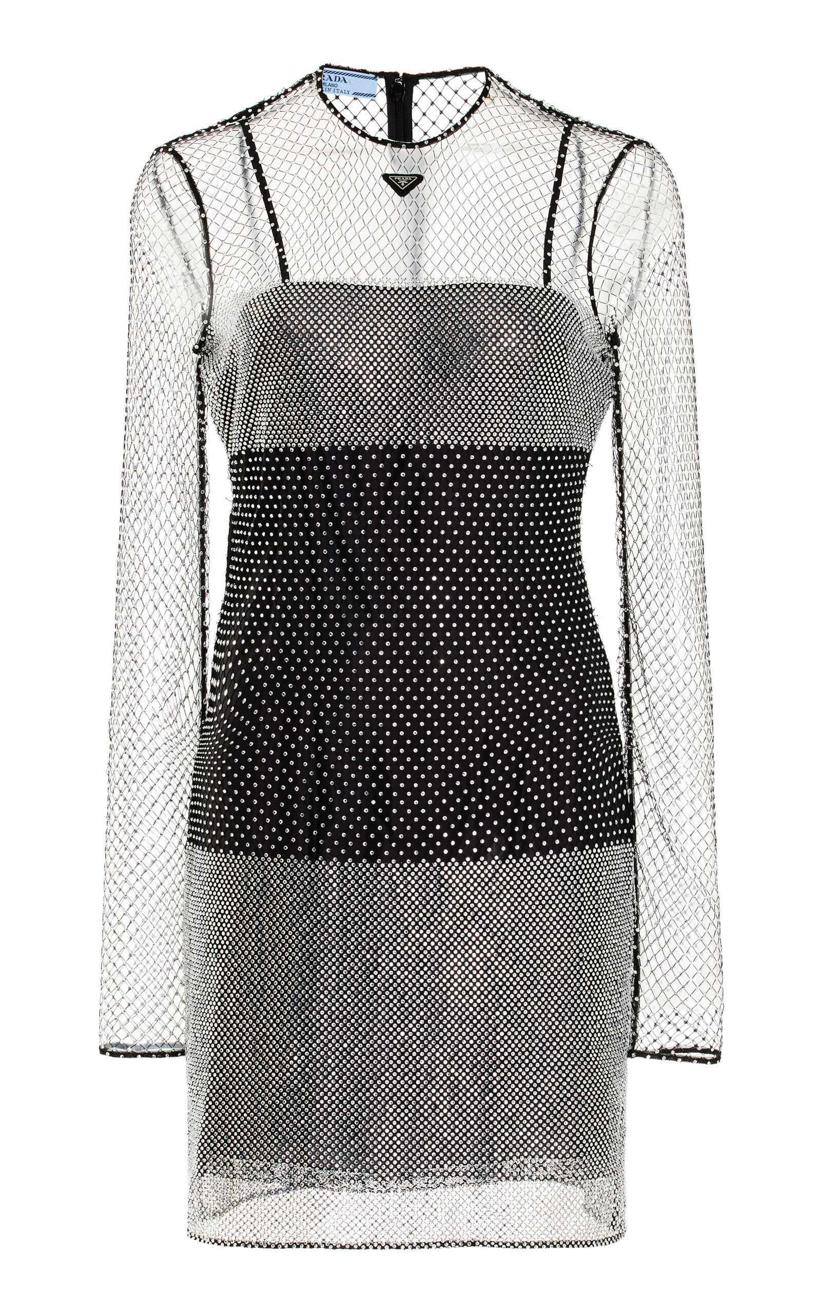 Prada Embroidered Rhinestone Mesh Mini-dress In Silver