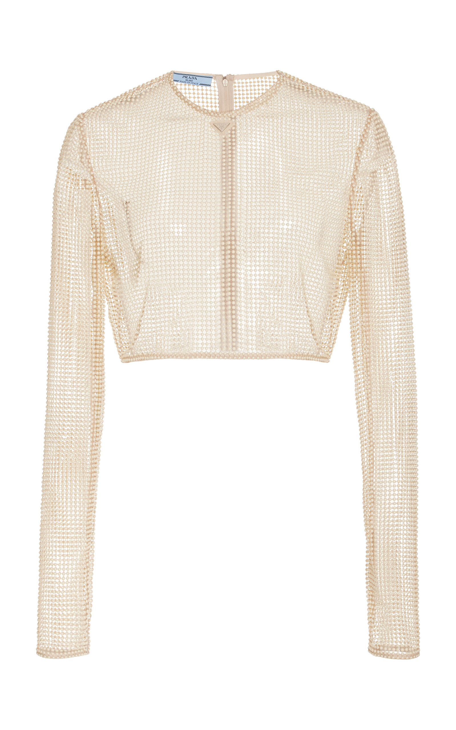 Prada Pearl-embroidered Mesh Cropped Top In Neutral