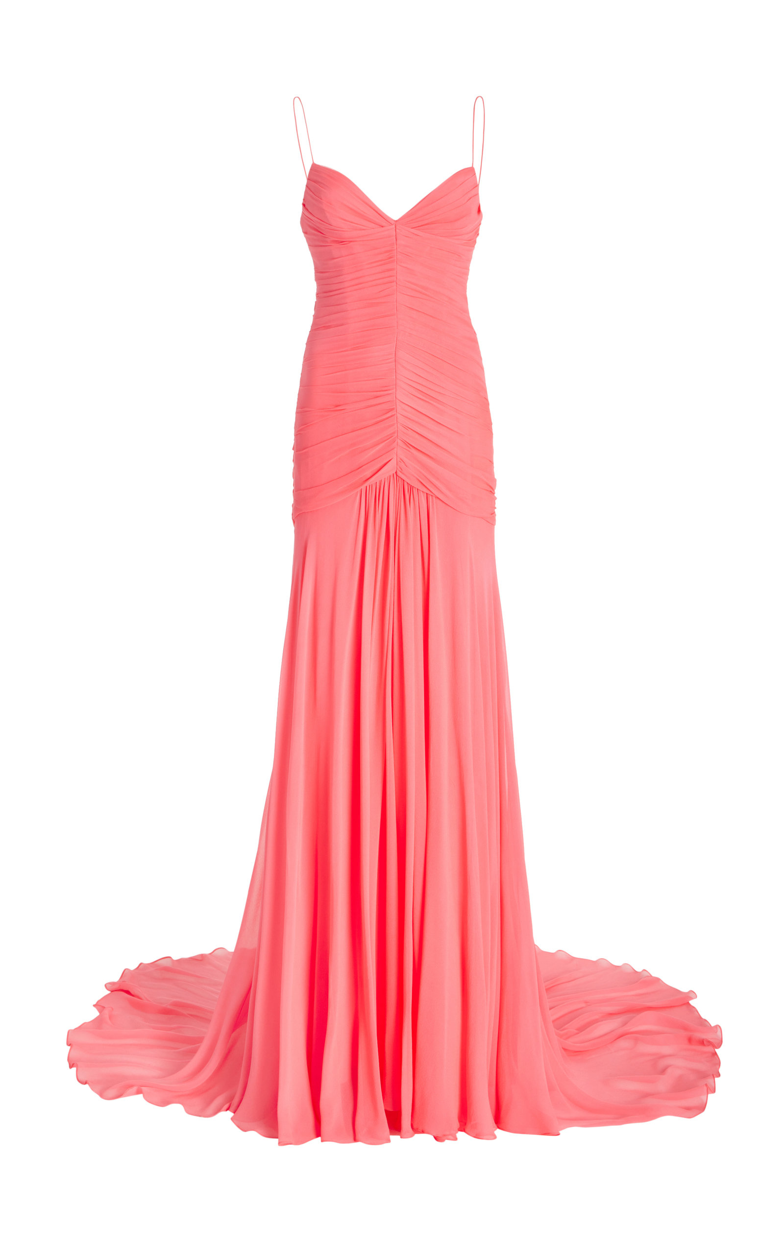 Monique Lhuillier Spaghetti-strap Ruched Front Gown In Pink