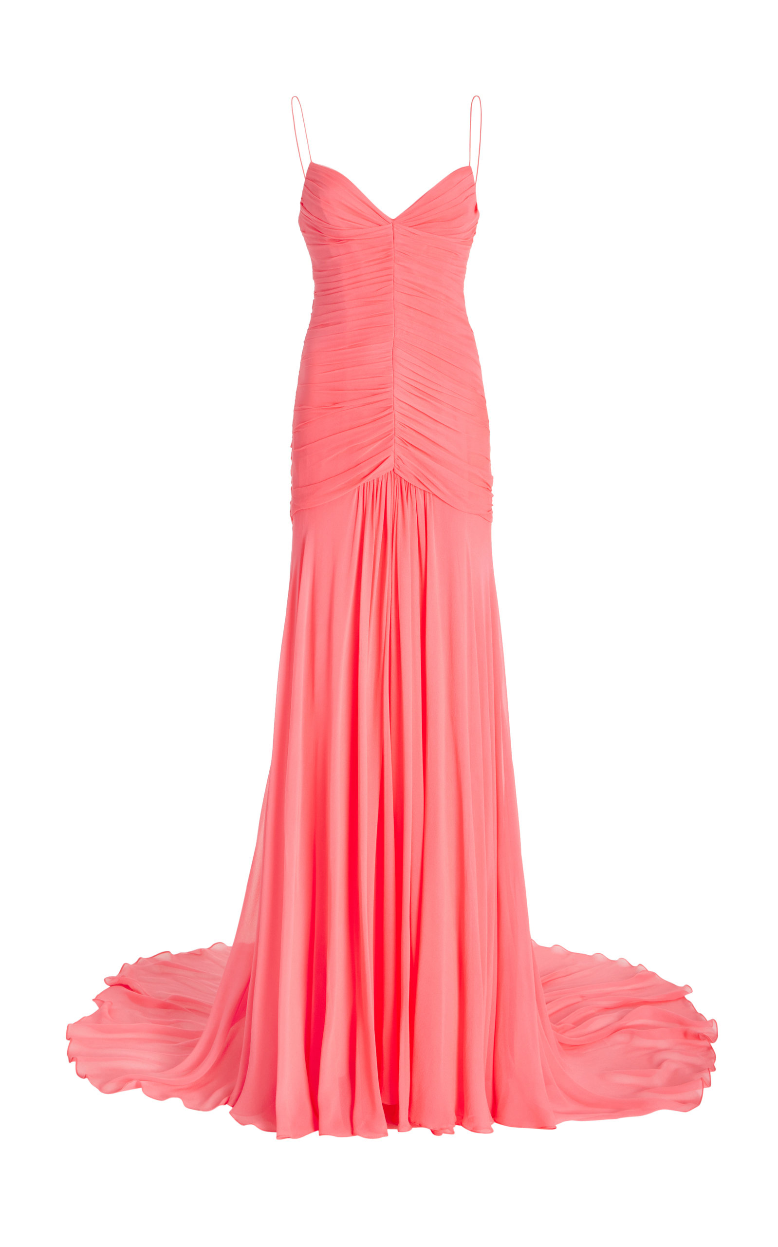 Monique Lhuillier Spaghetti-strap Ruched Front Gown In Carnation Pink