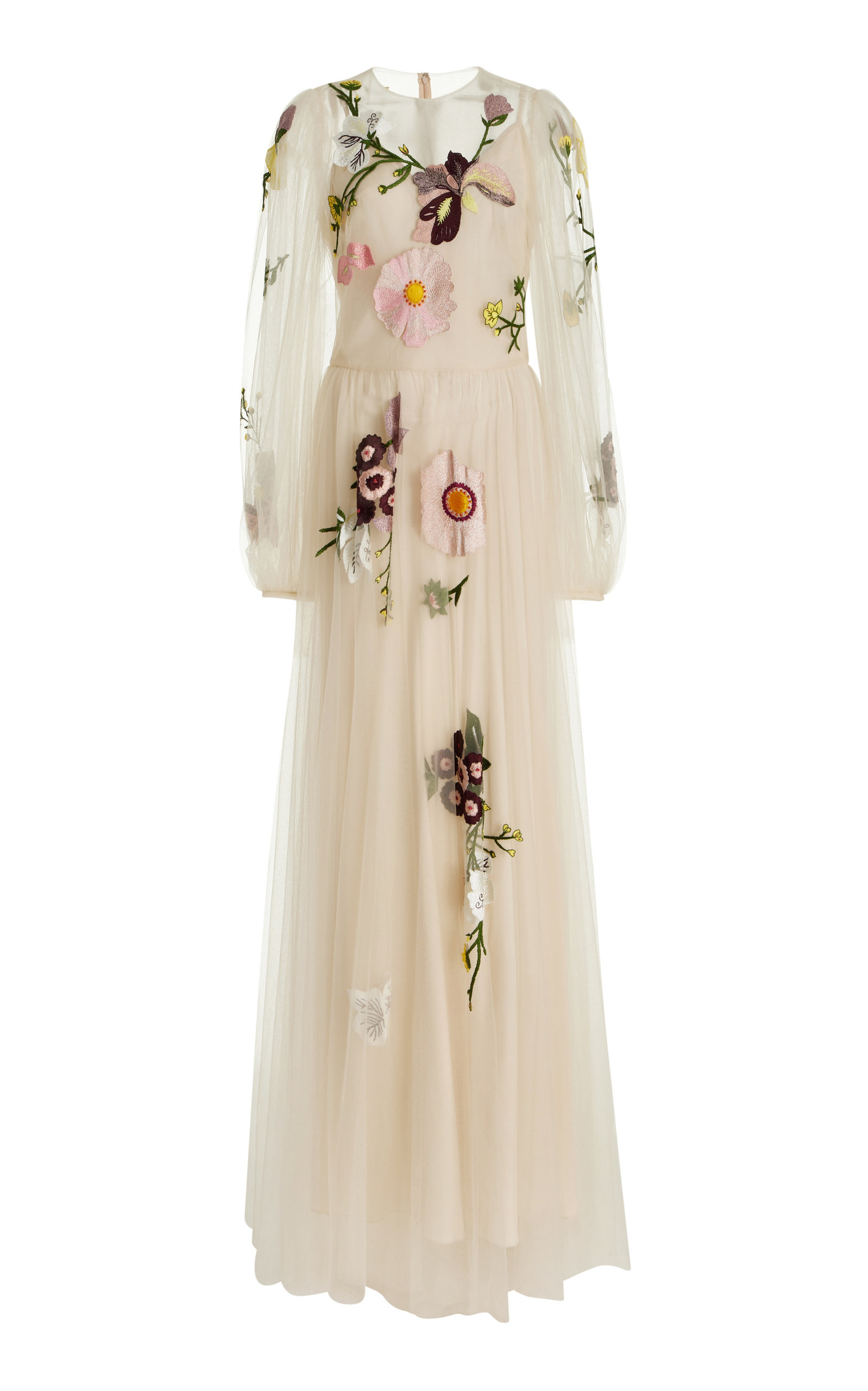Monique Lhuillier Floral-embroidered Tulle Gown In White