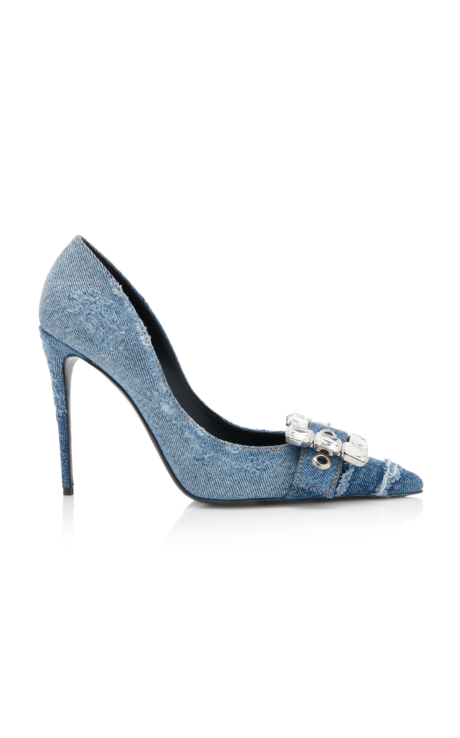 Dolce & Gabbana Patchwork Denim Crystal-buckle Pumps In Medium Wash