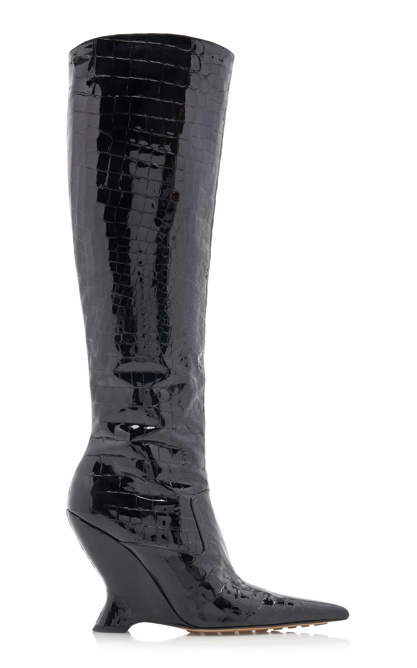 Bottega Veneta Punta Gloss Croc Leather Boots In Black