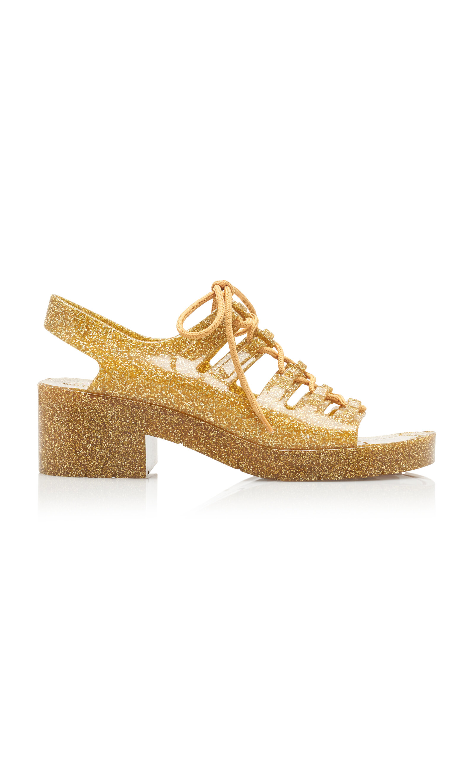 Bottega Veneta Jelly Lace-up Glittered Rubber Sandals In Gold