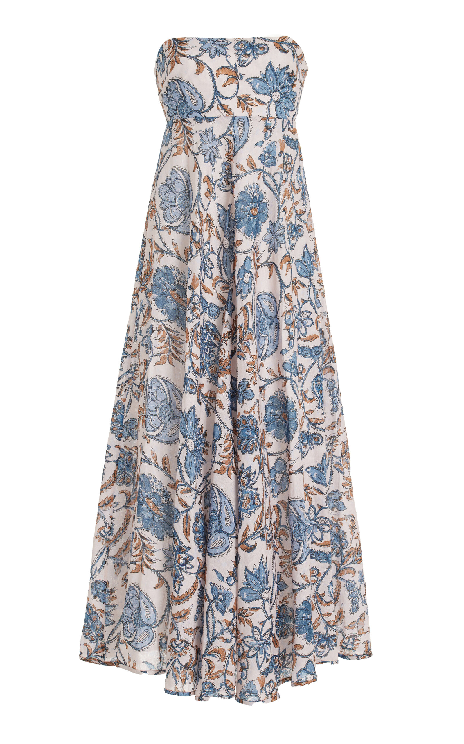 Zimmermann Vitali Strapless Floral-print Linen Midi Dress In Blue