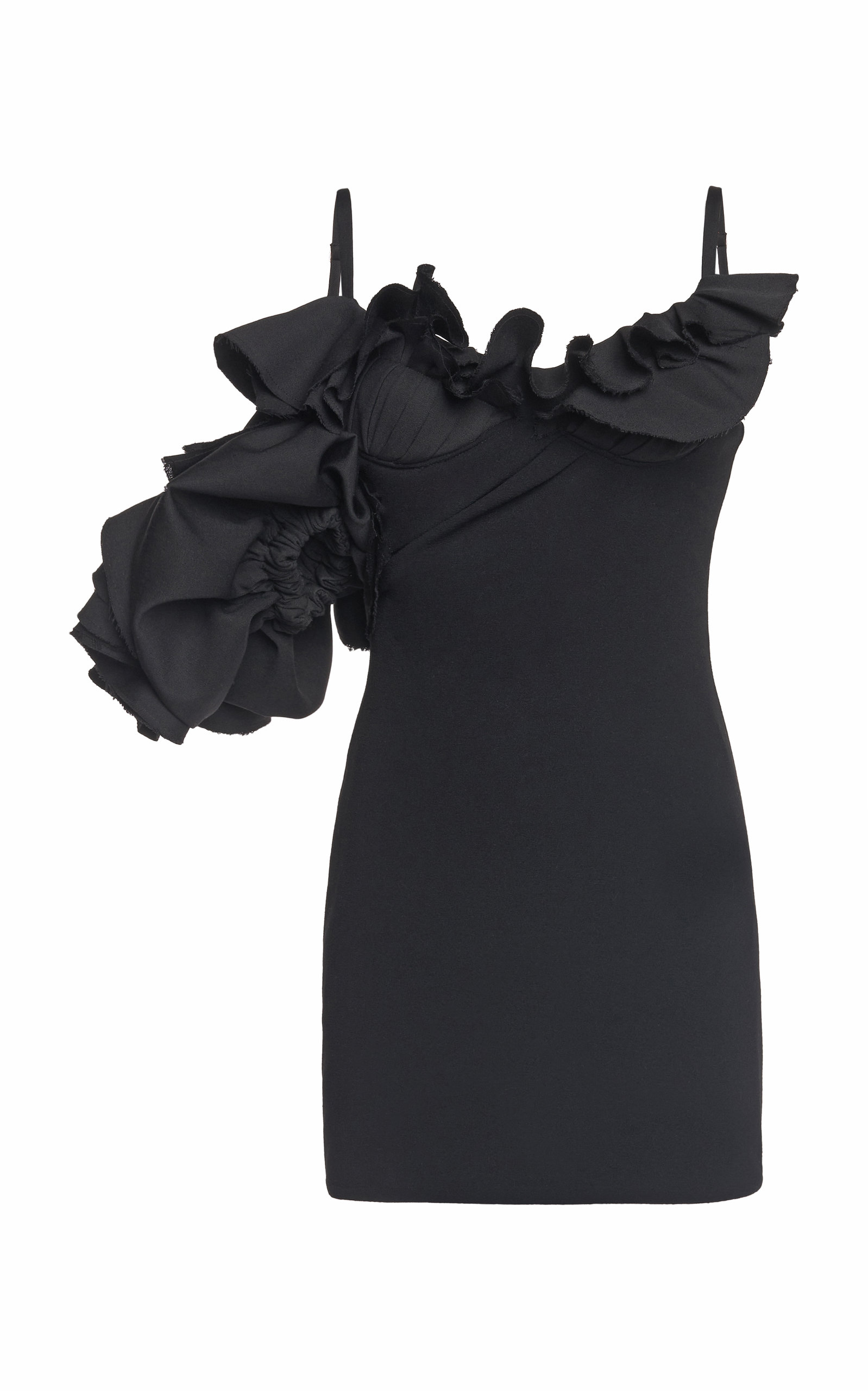 Jacquemus Ruffle Sleeve Detail Mini Dress In Black