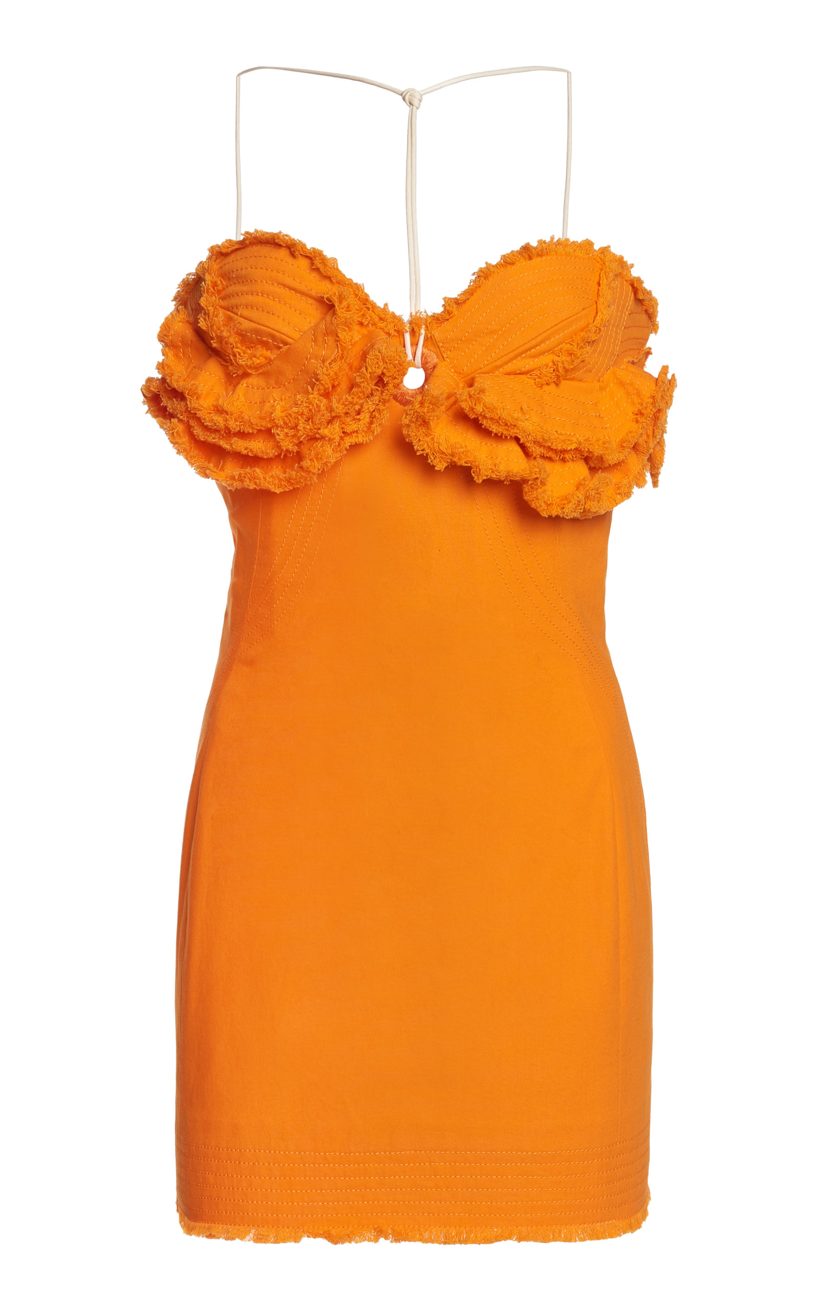 Jacquemus Artichaut Ruffled Frayed Cotton-canvas Mini Dress In Orange