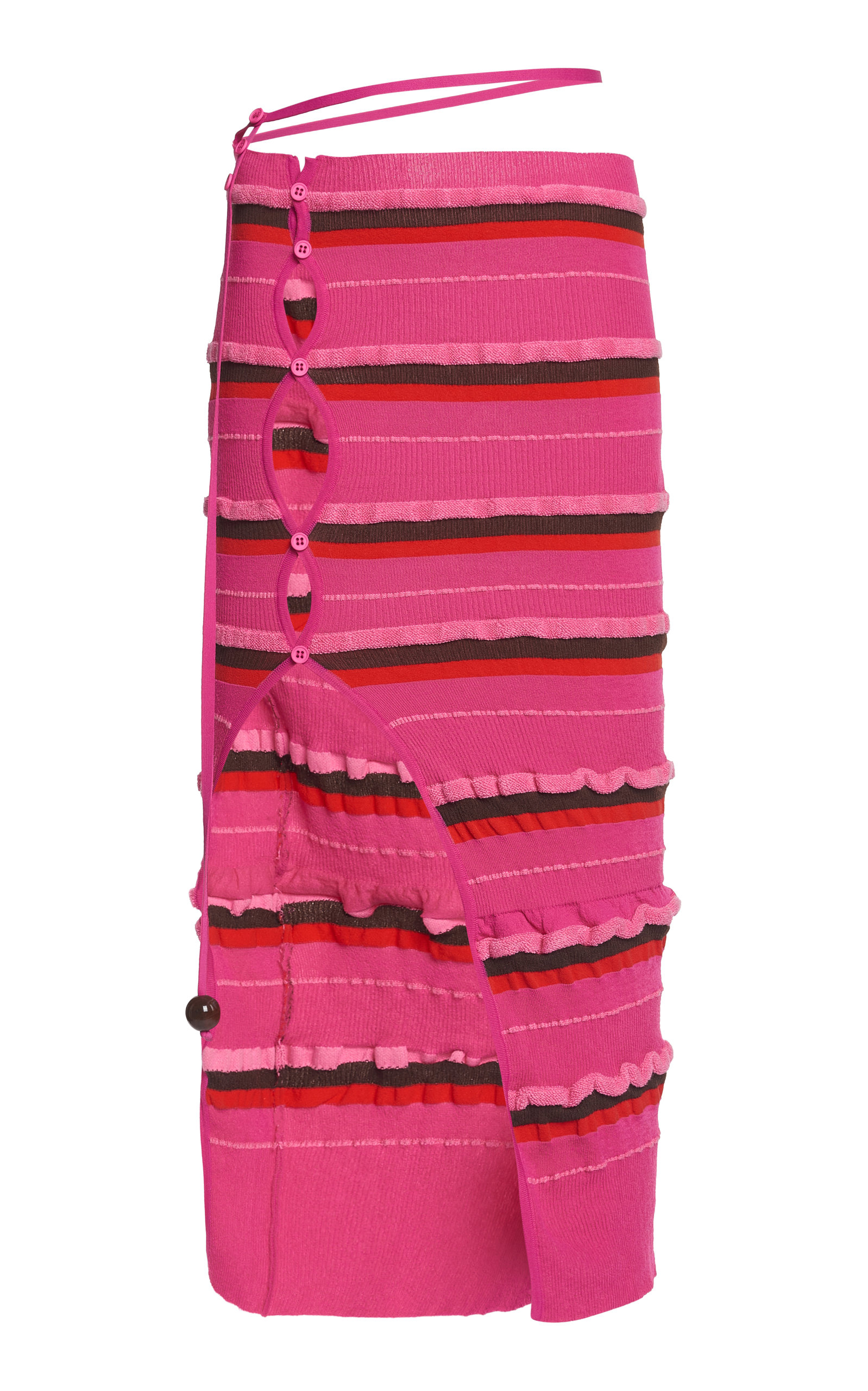 Jacquemus Concha Cutout Striped Ruched Seersucker Midi Skirt In Pink