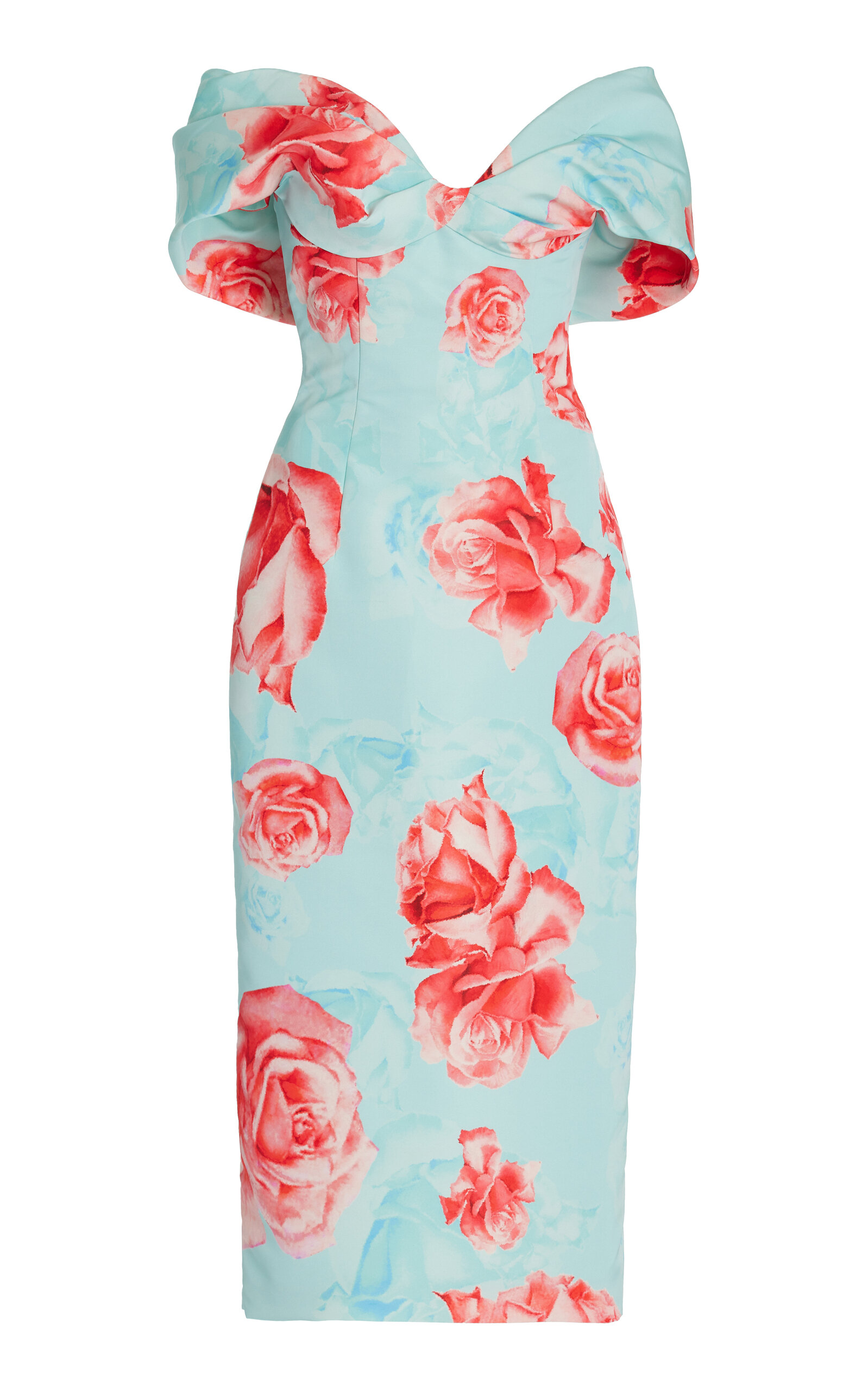 Monique Lhuillier Exclusive Floral Faille Midi Dress In Blue