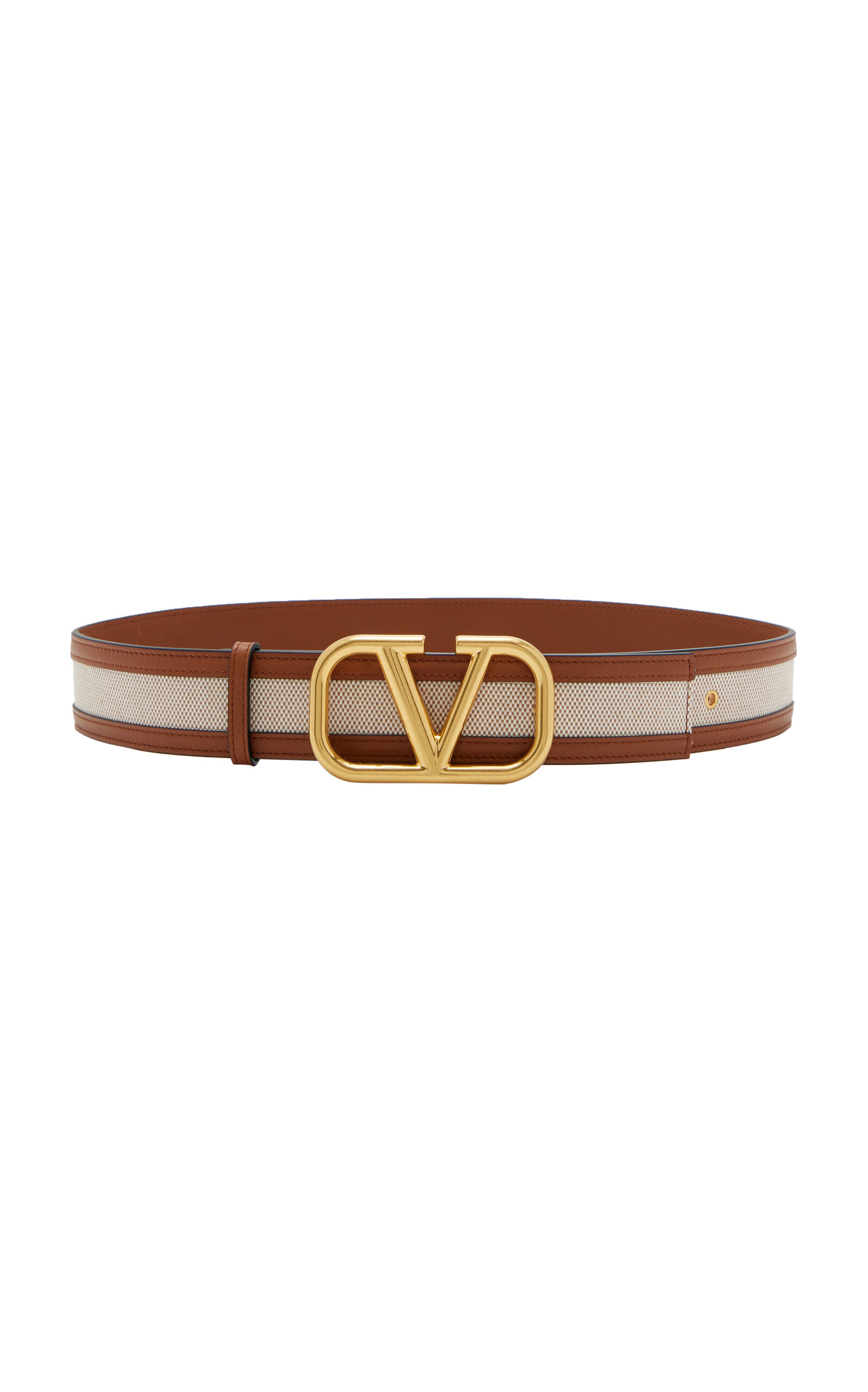 Valentino - Women's Valentino Garavani Logo Signature Leather And Canvas Belt  - Neutral - 70 cm - Moda Operandi