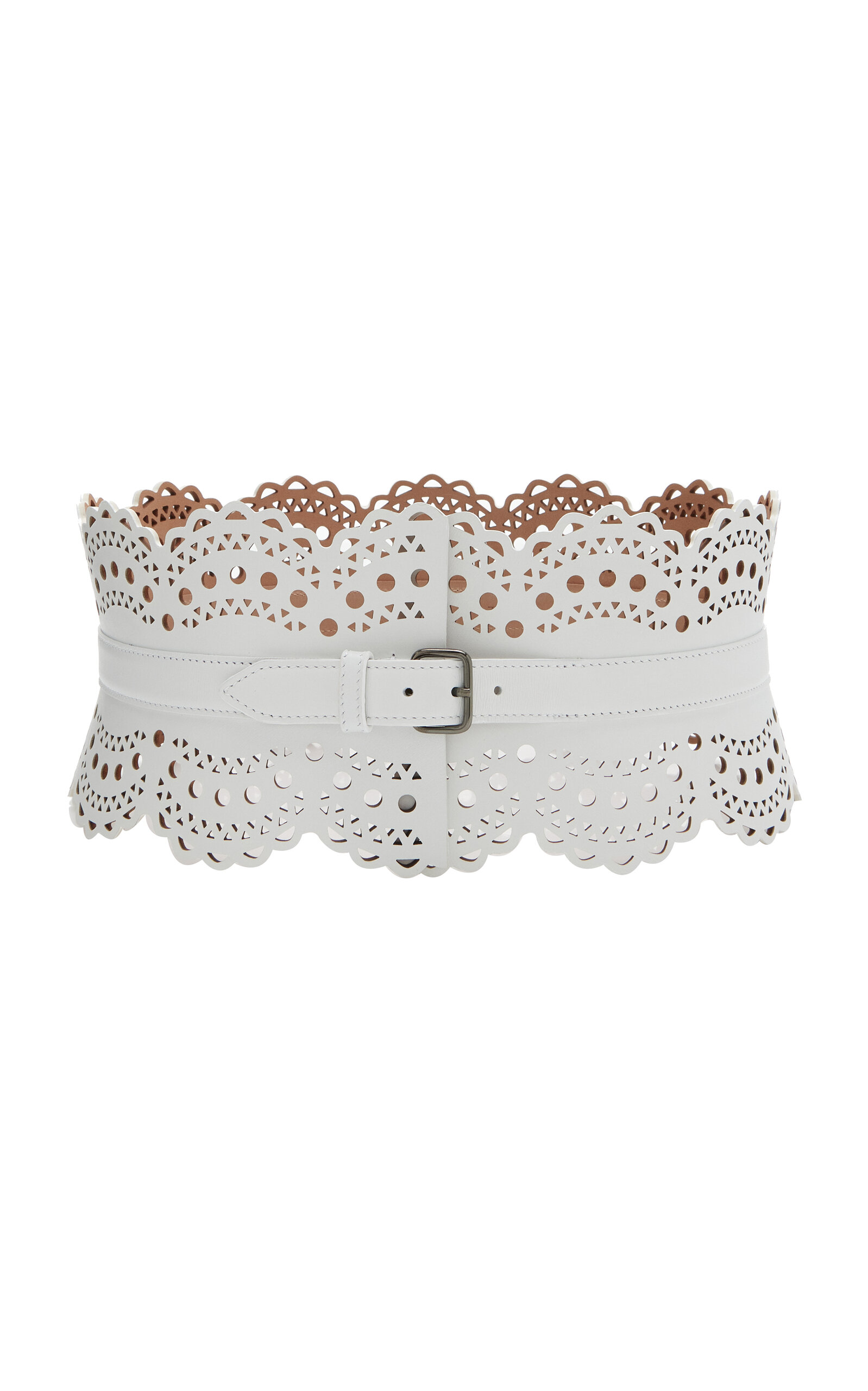 Alaïa Openwork Wide Leather Vienne Corset Belt In White