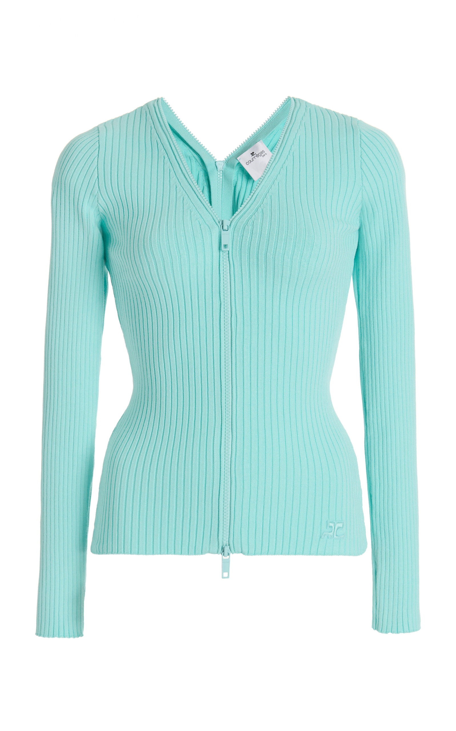 COURRÈGES RIBBED-KNIT ZIPPED CARDIGAN