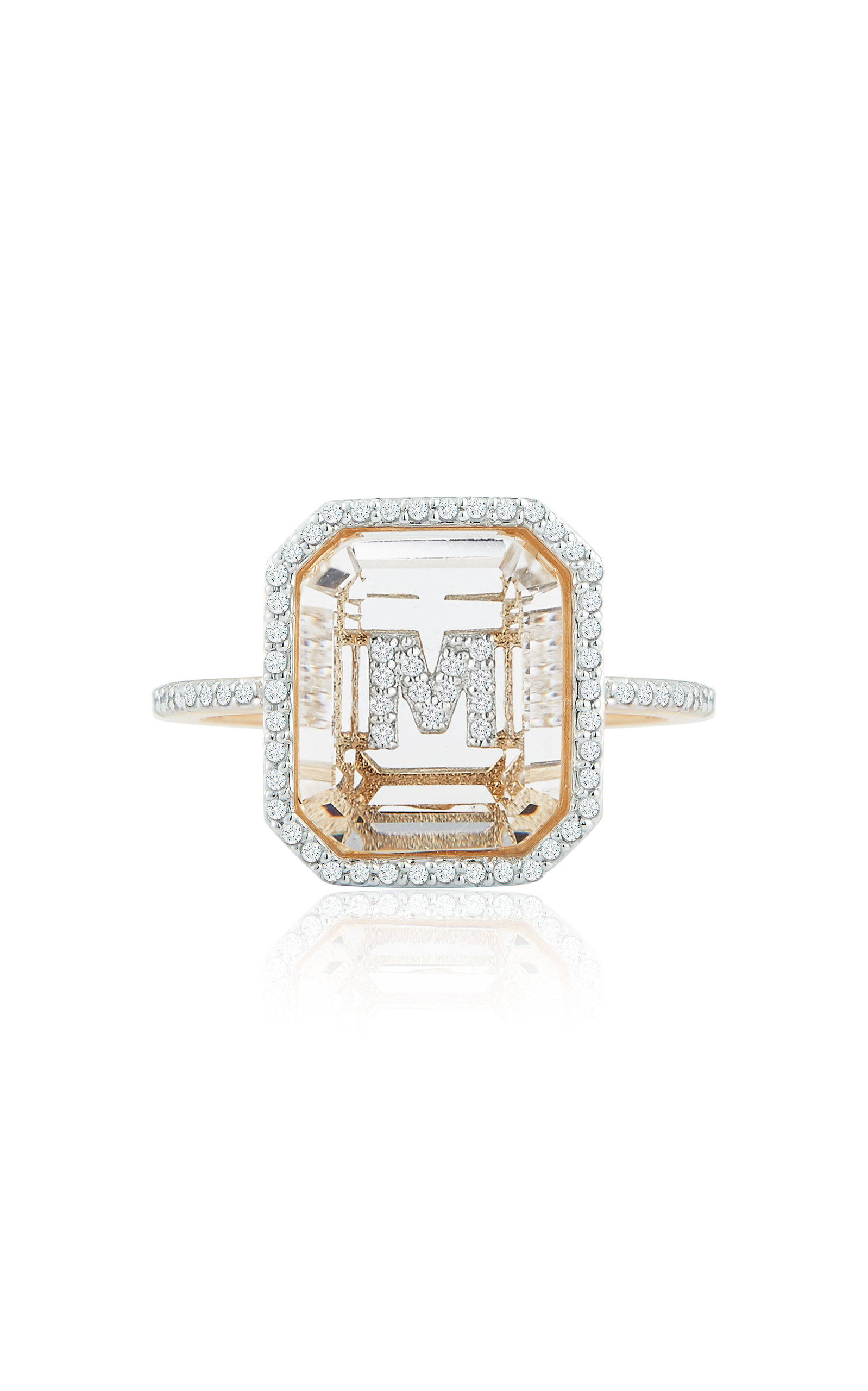 14k Gold Diamond Frame Crystal Quartz Secret Diamond Initial Ring