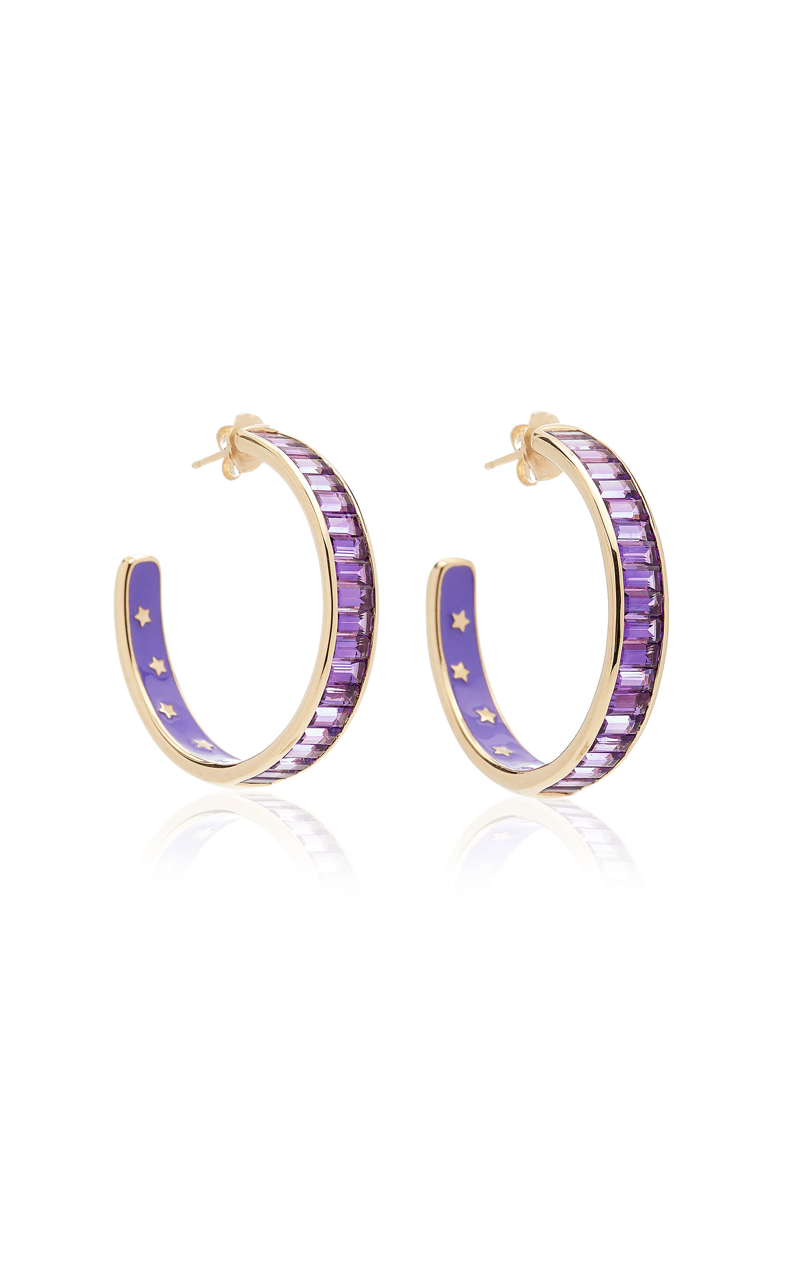 14K Yellow Gold Enameled Amethyst Hoop Earrings