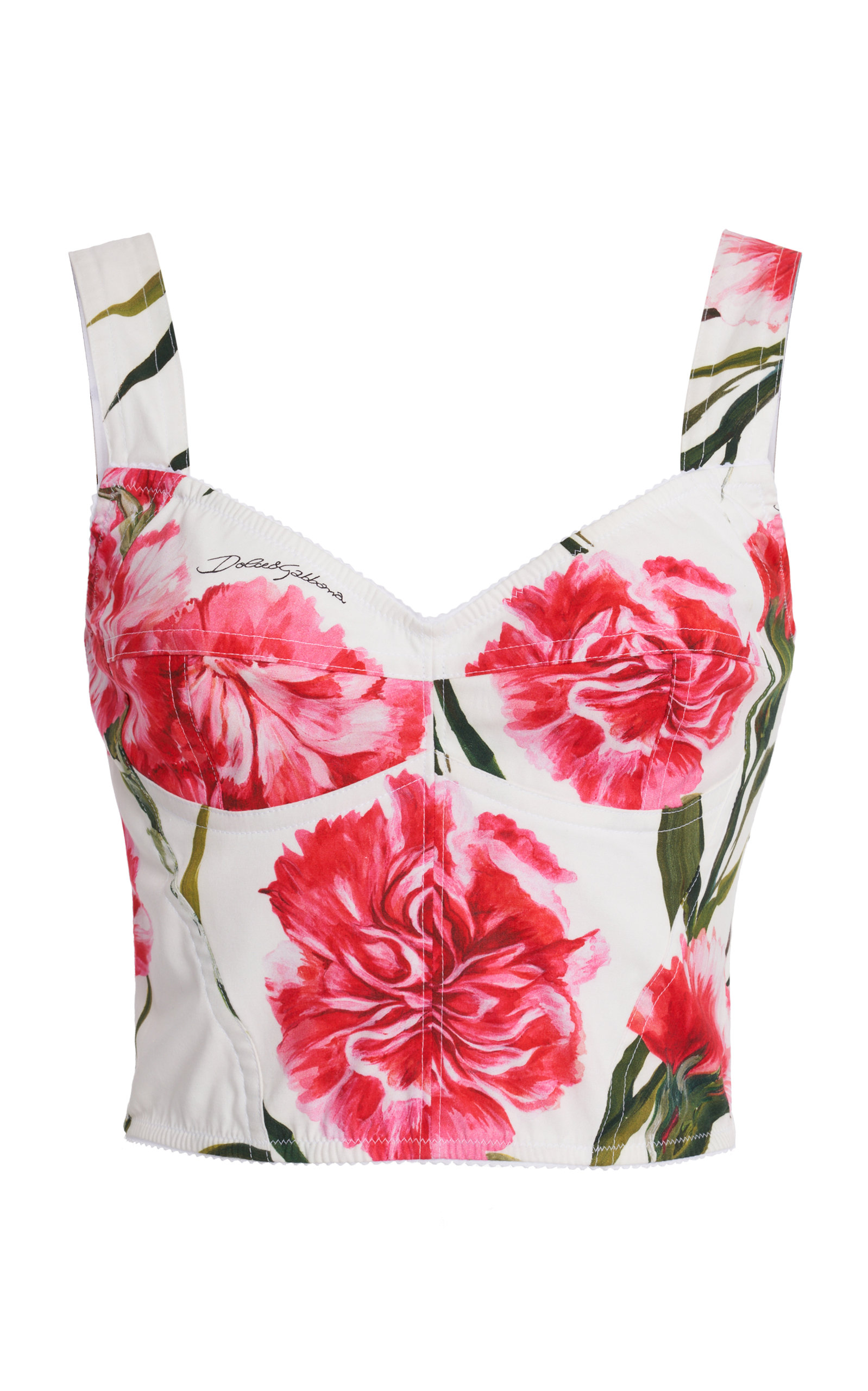 Dolce & Gabbana Carnation-printed Stretch Cotton-blend Poplin Bustier Top In White