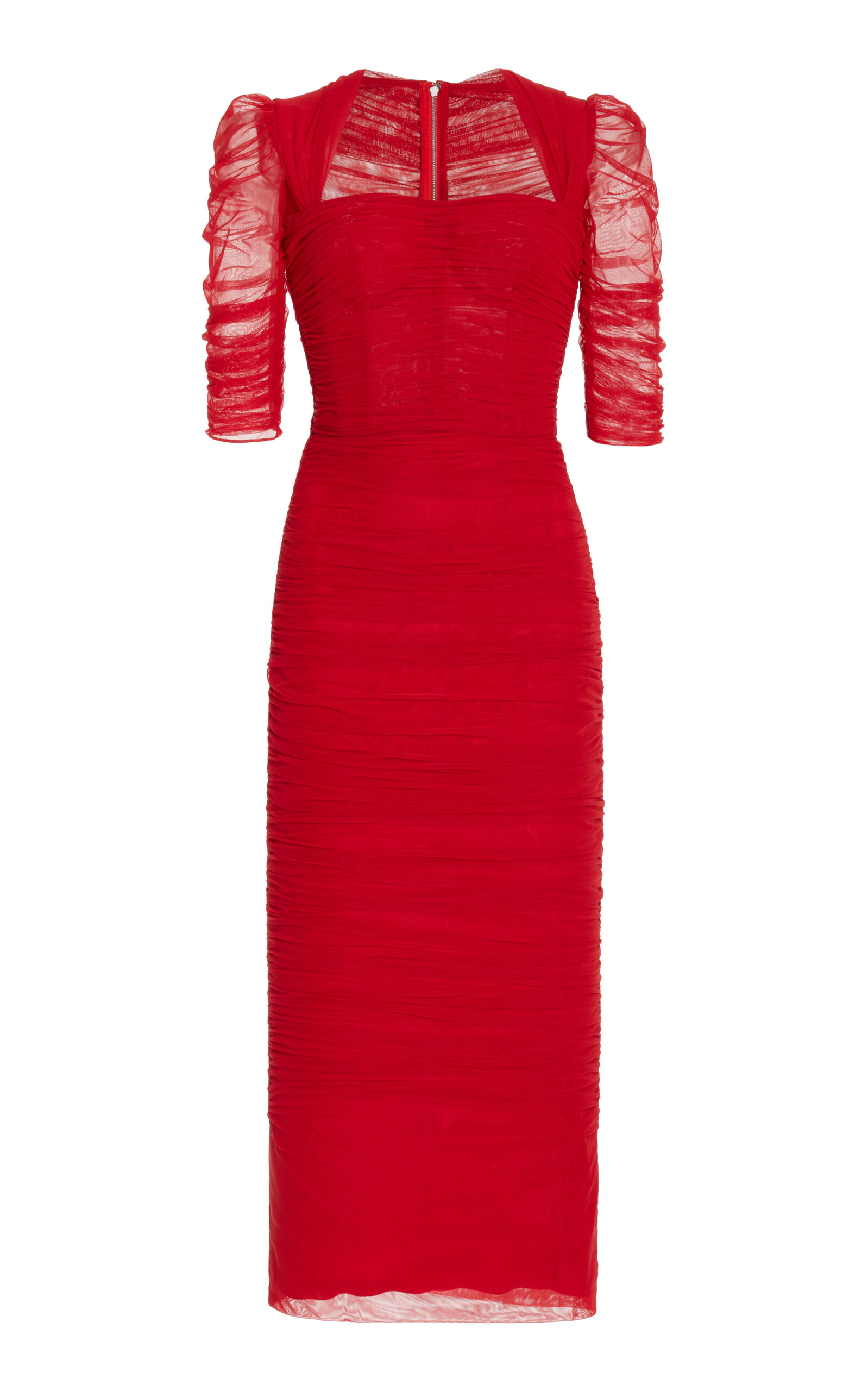 Dolce & Gabbana Ruched Midi Dress W/ Corset Boning In Red