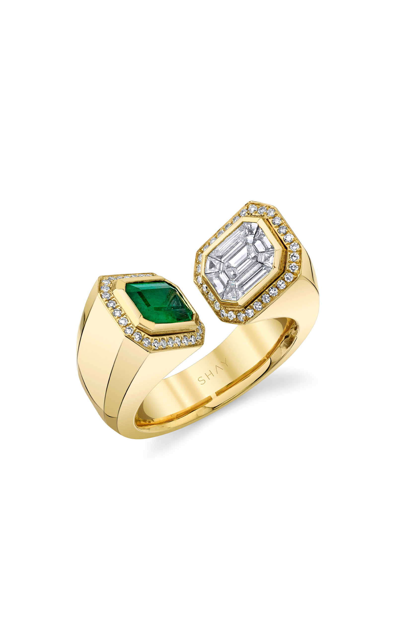 SHAY - Women's Halo Bypass 18K Yellow Gold Diamond; Emerald Ring - Gold - US 5 - Moda Operandi - Gifts For Her