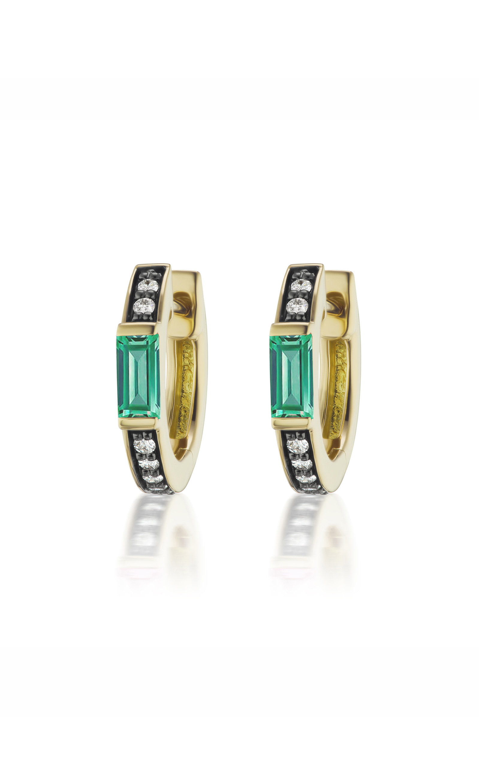Gemstone 18K Yellow Gold Diamond; Emerald Huggie Earrings