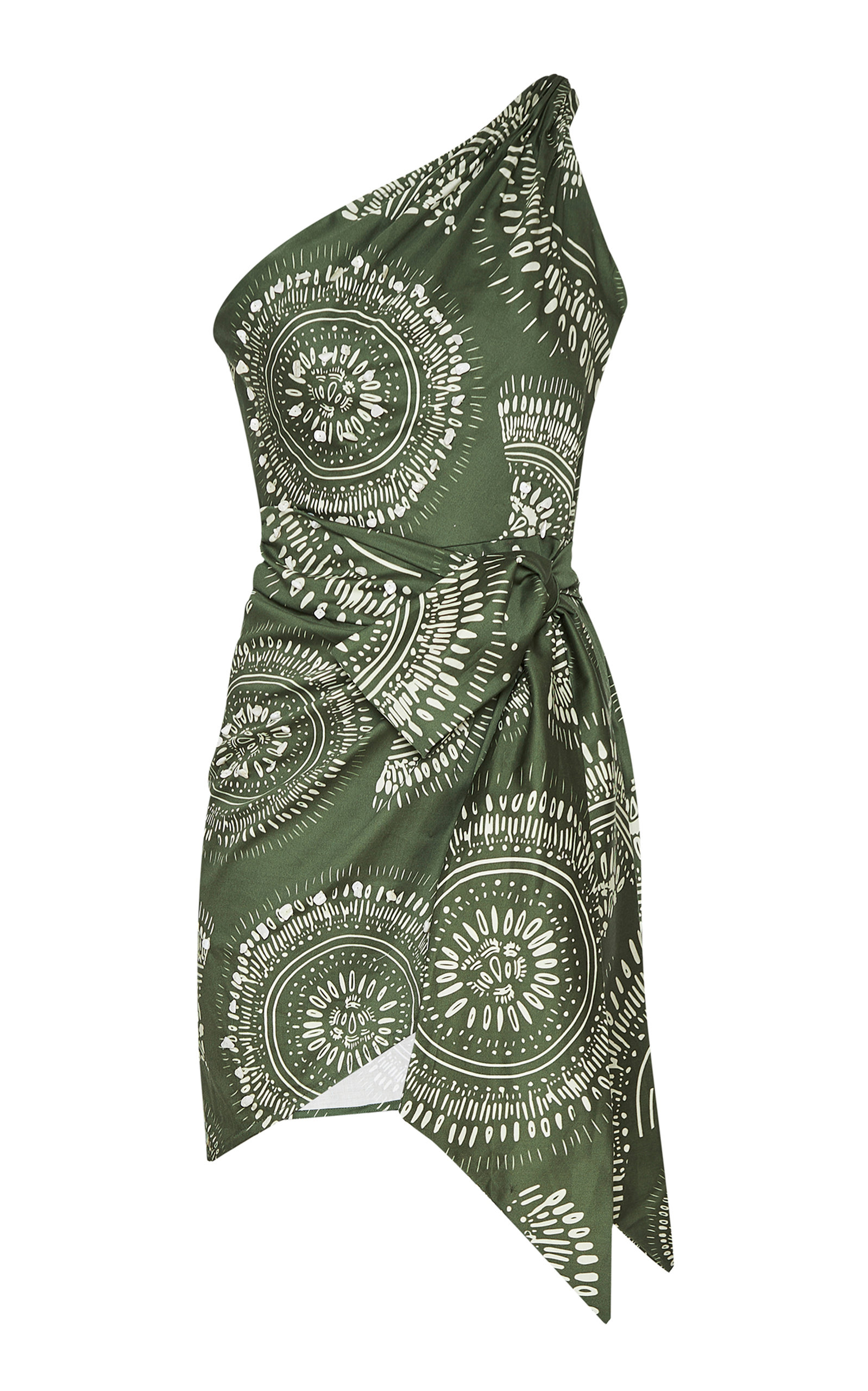 Andres Otalora Selvatika Asymmetric Beaded Cotton Poplin Mini Dress In Green