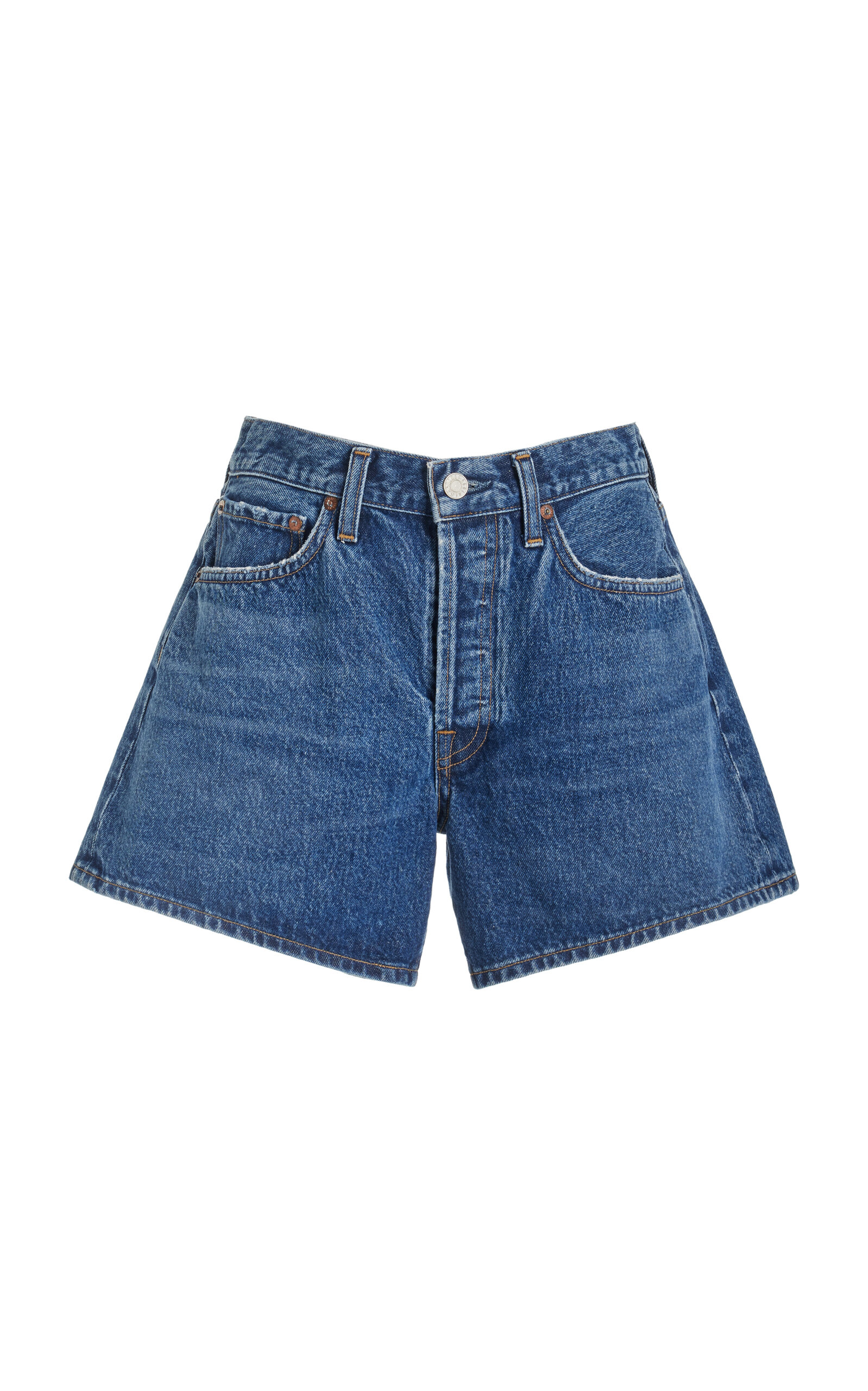 Shop Agolde Parker Long Denim Shorts In Medium Wash