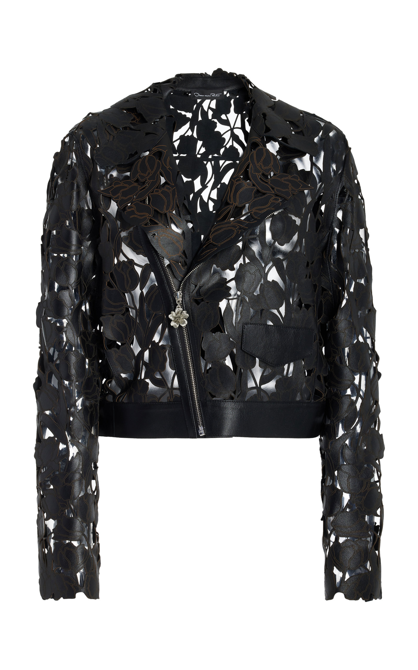 Oscar de la Renta Lasercut Tulip Leather Motorcycle Jacket - Black