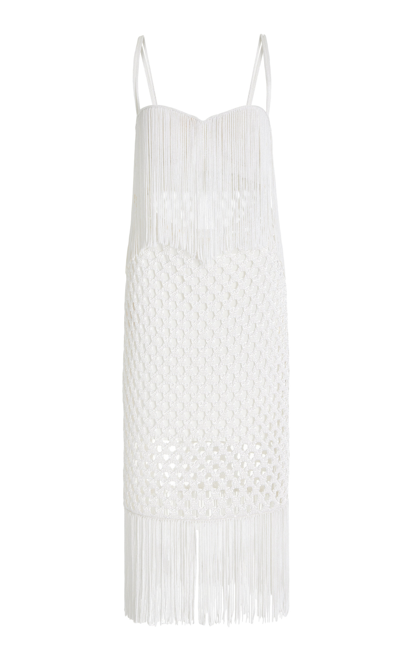 Proenza Schouler Lacquered Mesh Knit Midi Dress With Fringe Detail In White